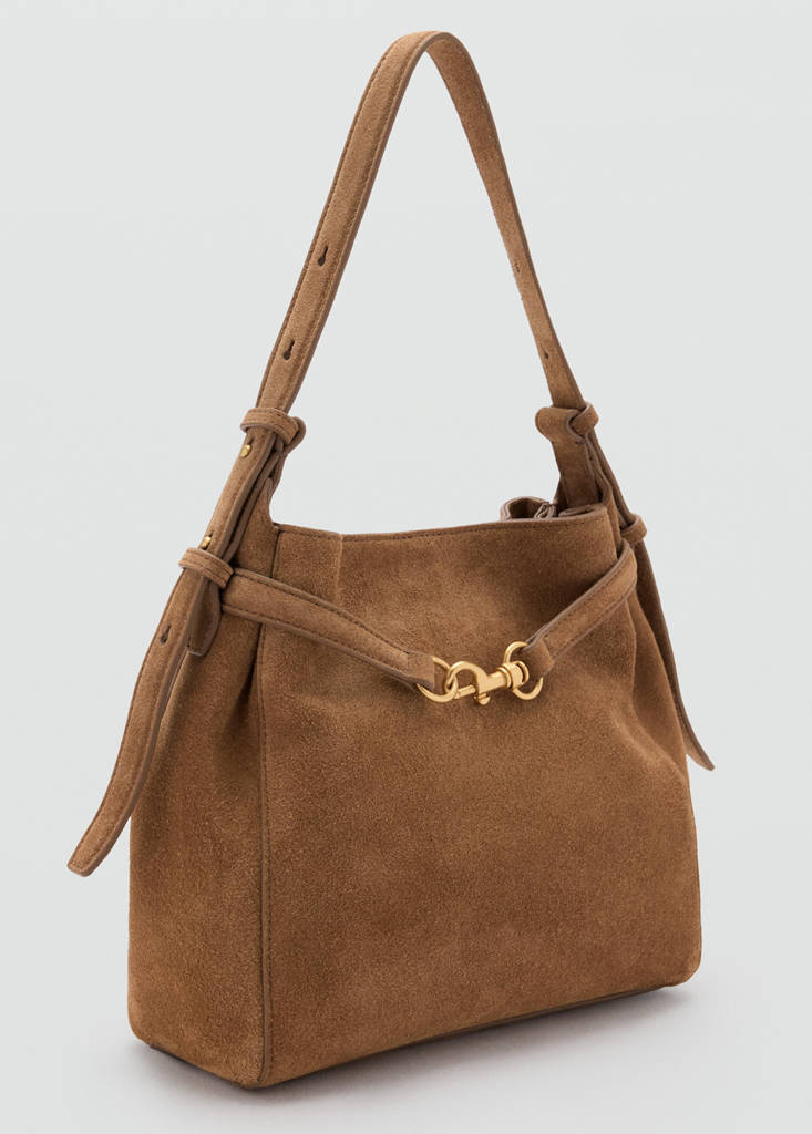 Suede bucket bag with equestrian detail — Medium Brown