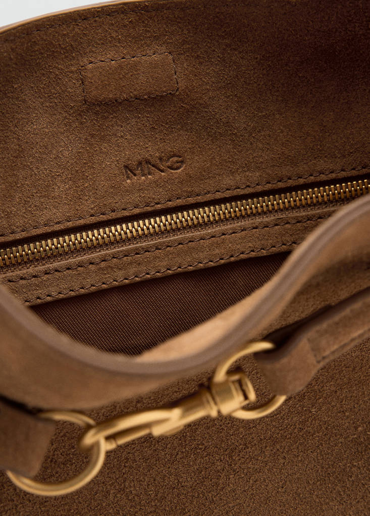 Suede bucket bag with equestrian detail — Medium Brown