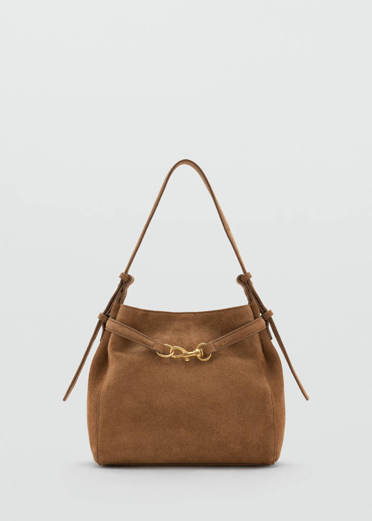 Suede bucket bag with equestrian detail — Medium Brown