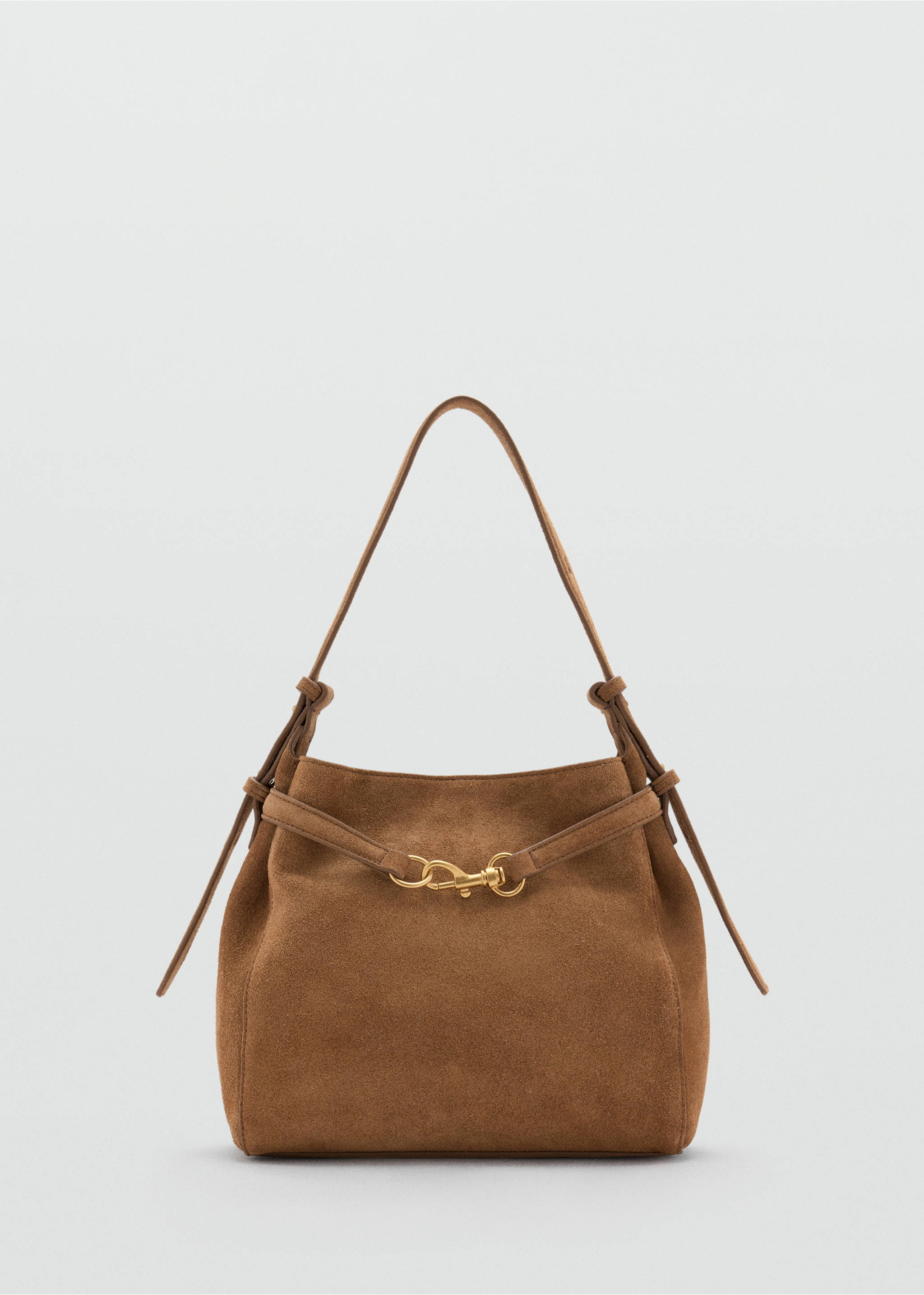 Suede leather bucket bag with equestrian detail - Article without model, Medium Brown. Ref: 37026002-00.