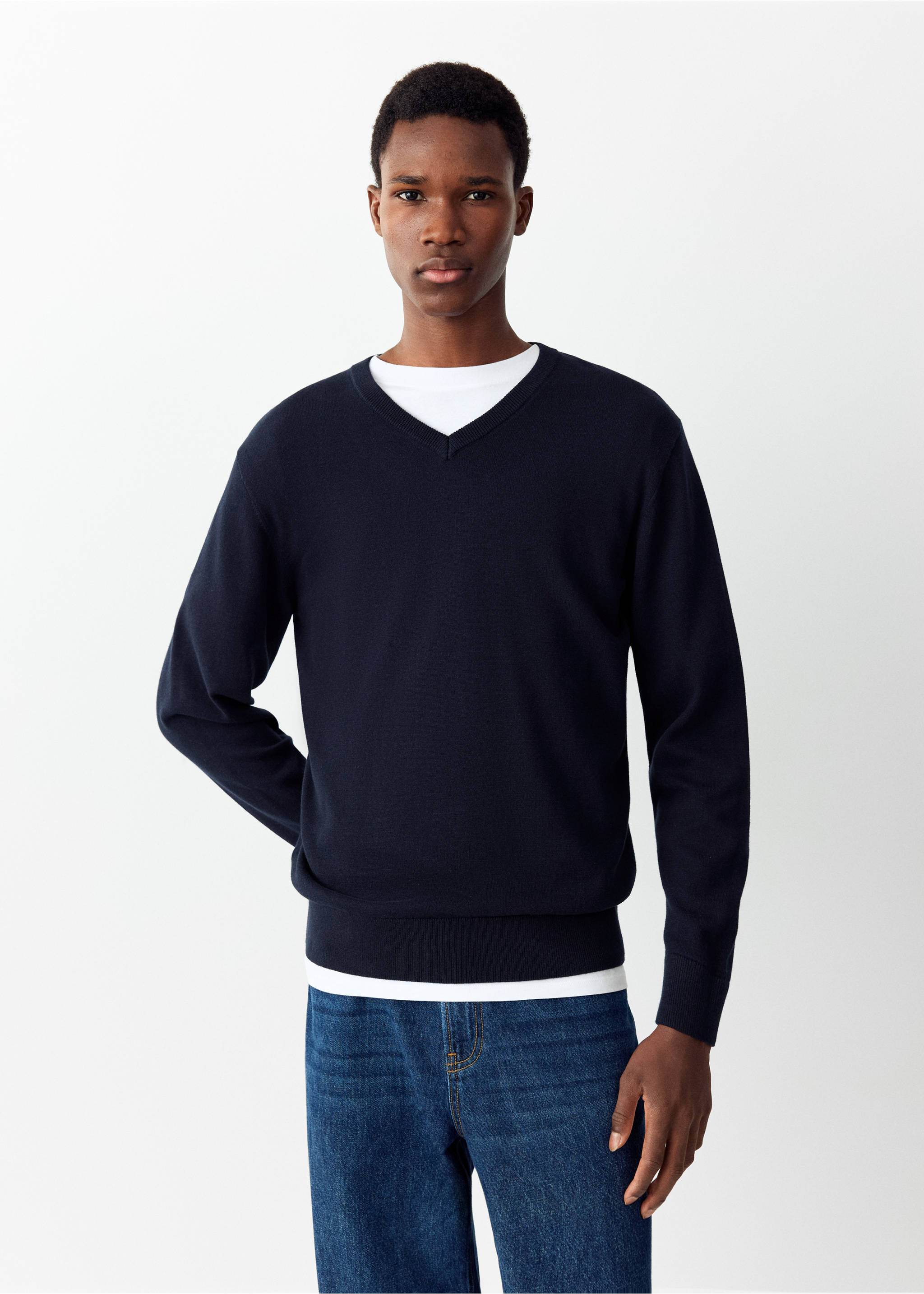 Knitted cotton sweater - Medium plane, Navy. Ref: 37026005-00.