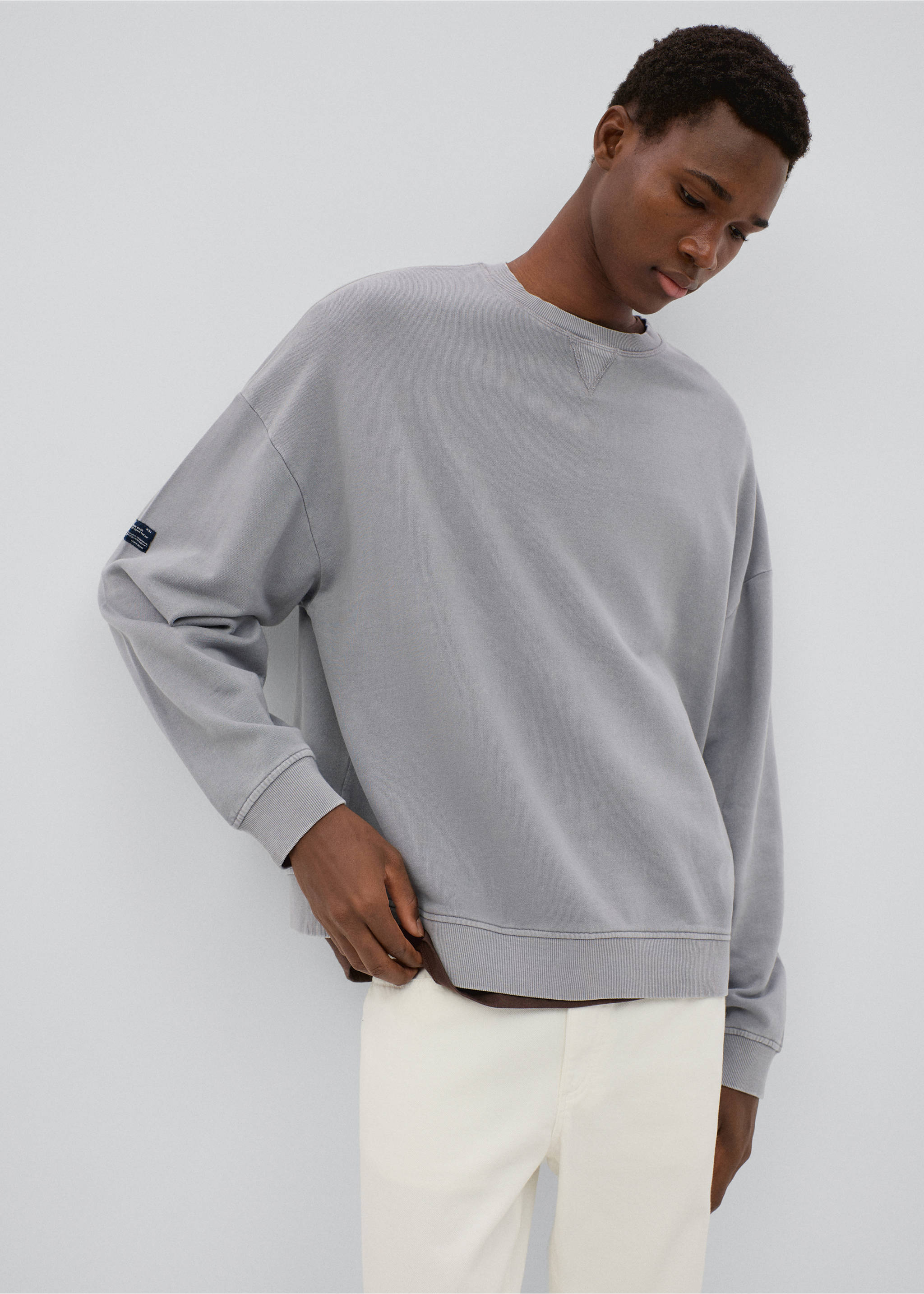 Cotton sweatshirt with patch detail - Medium plane, Grey. Ref: 37026006-00.