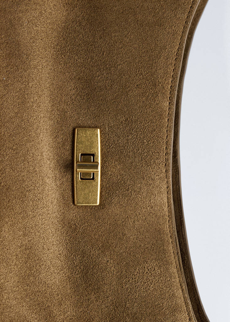 Leather shopper bag with charm and mirror — Medium Brown