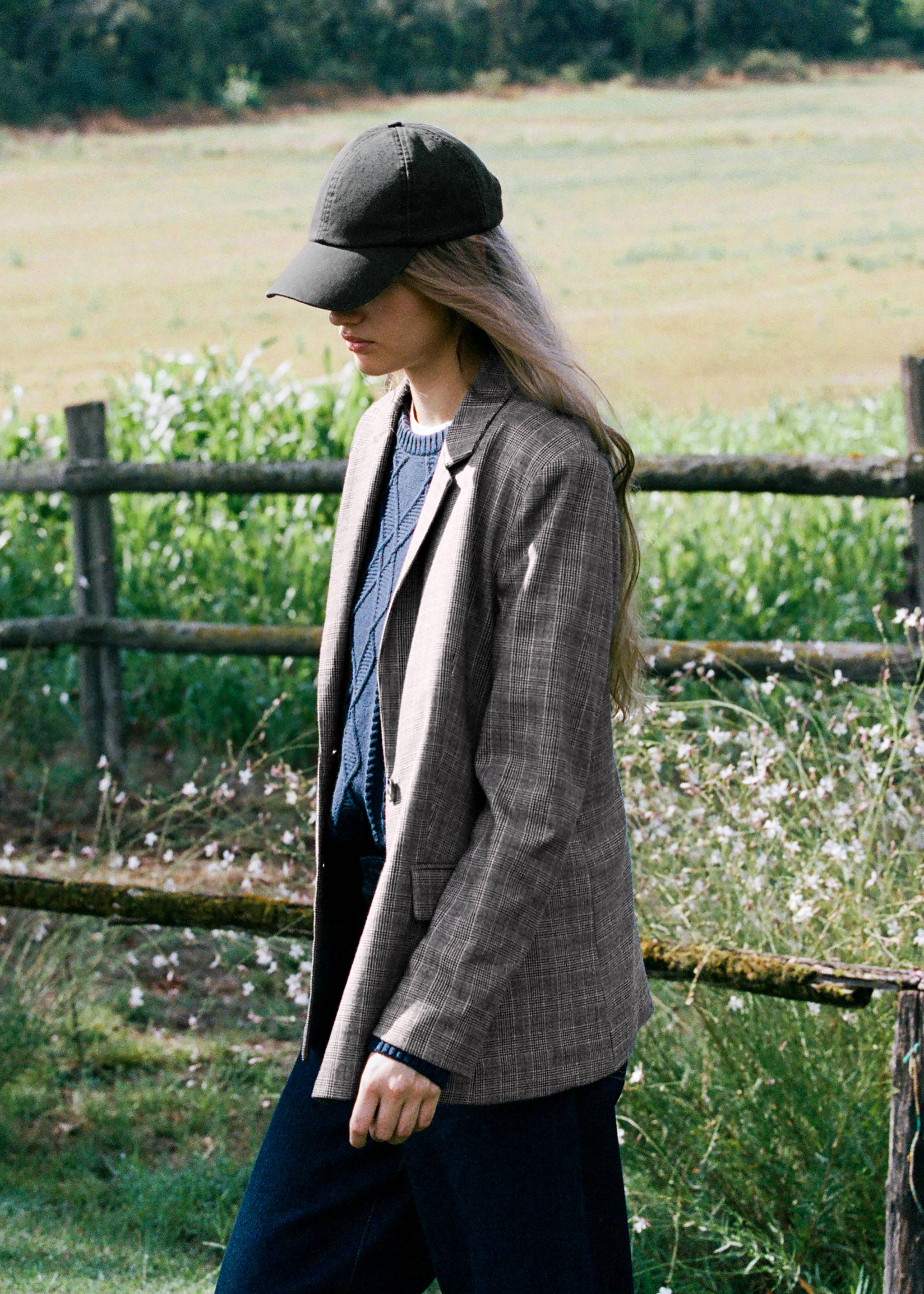 Dark grey cap worn with a patterned blazer and blue jumper in an outdoor setting., Khaki. Ref: 37026014-00.