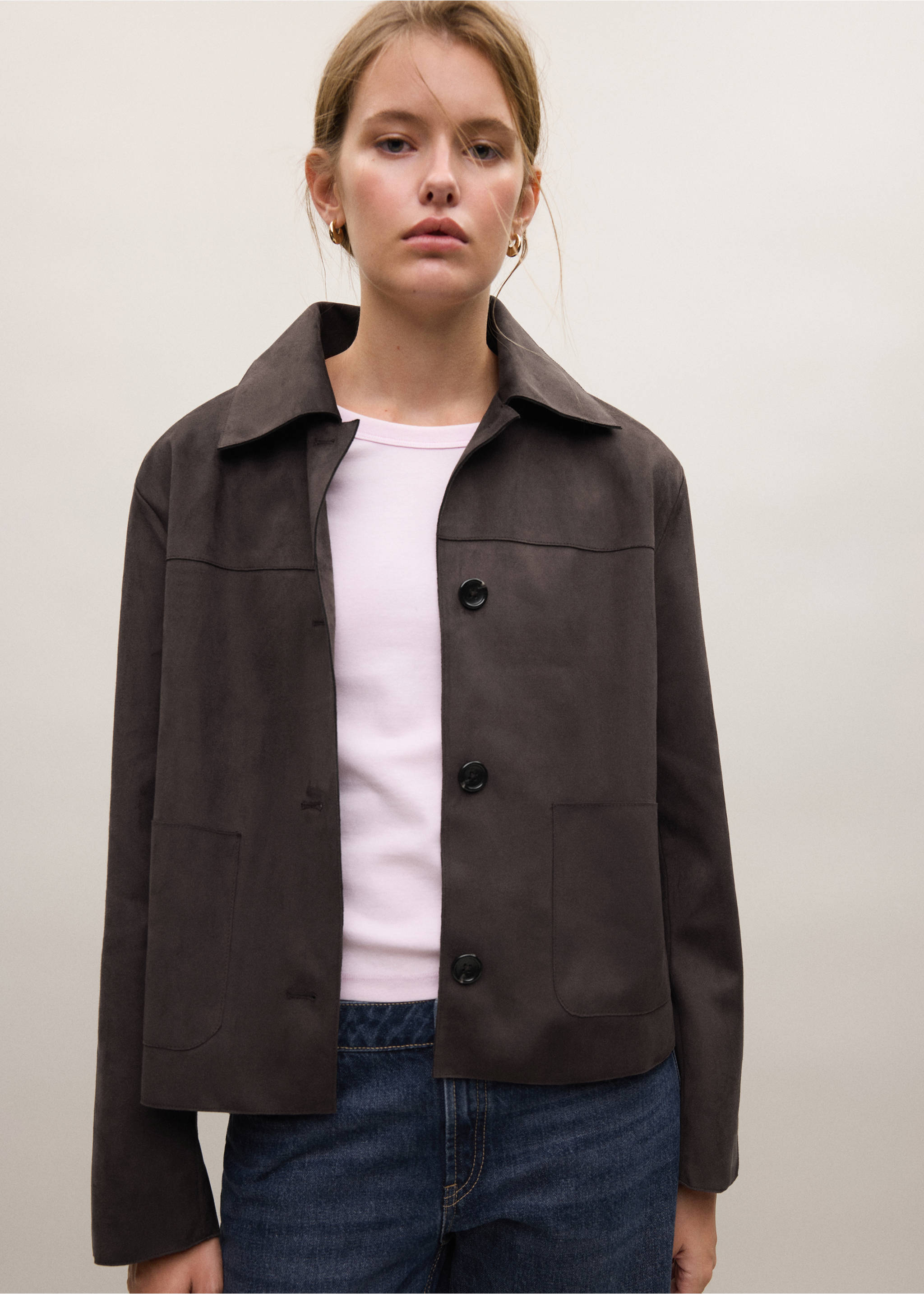 Collared button-up jacket - Medium plane, Chocolate. Ref: 37026321-00.