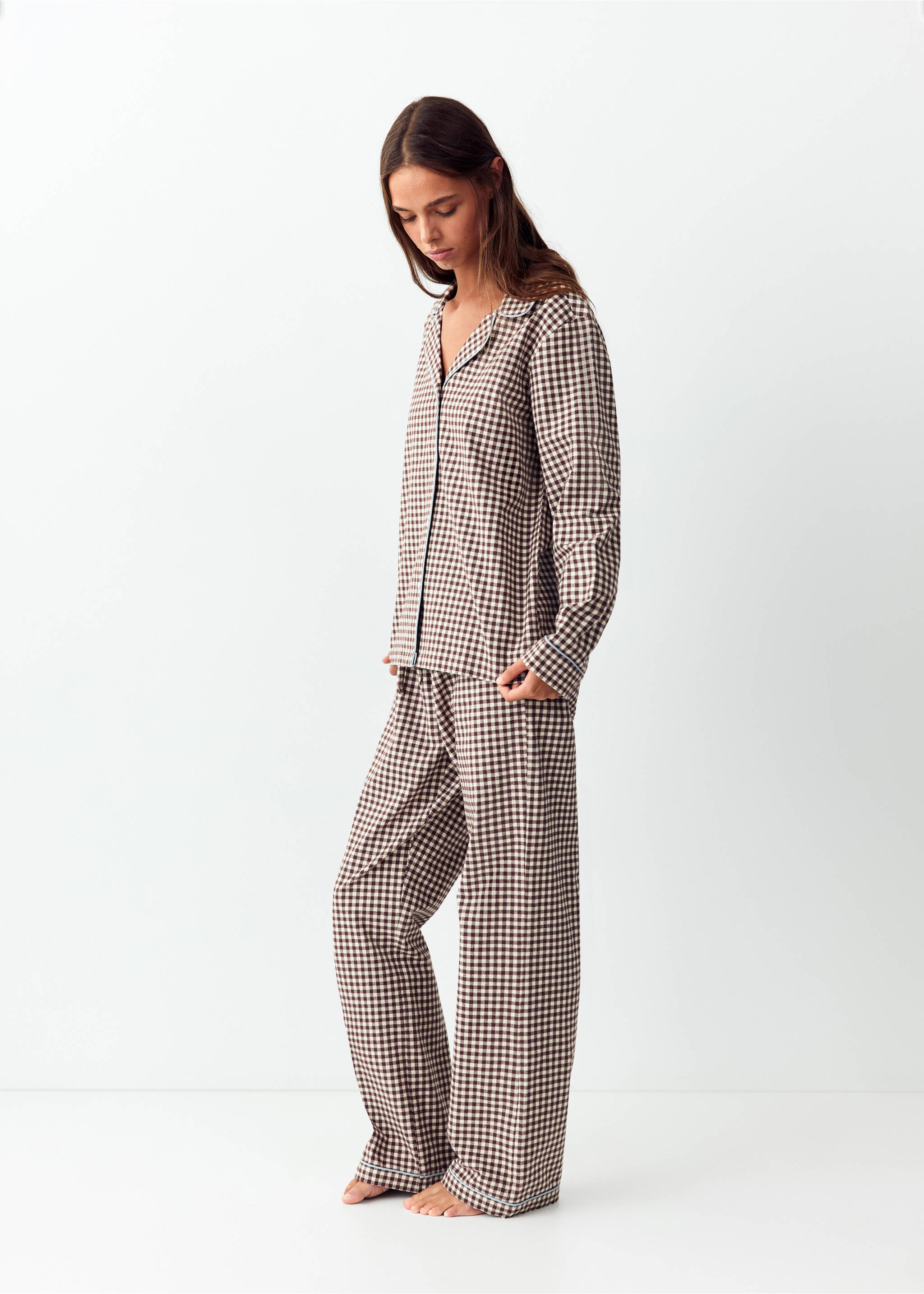 Gingham-check cotton pyjamas - General plane, Brown. Ref: 37026327-00.