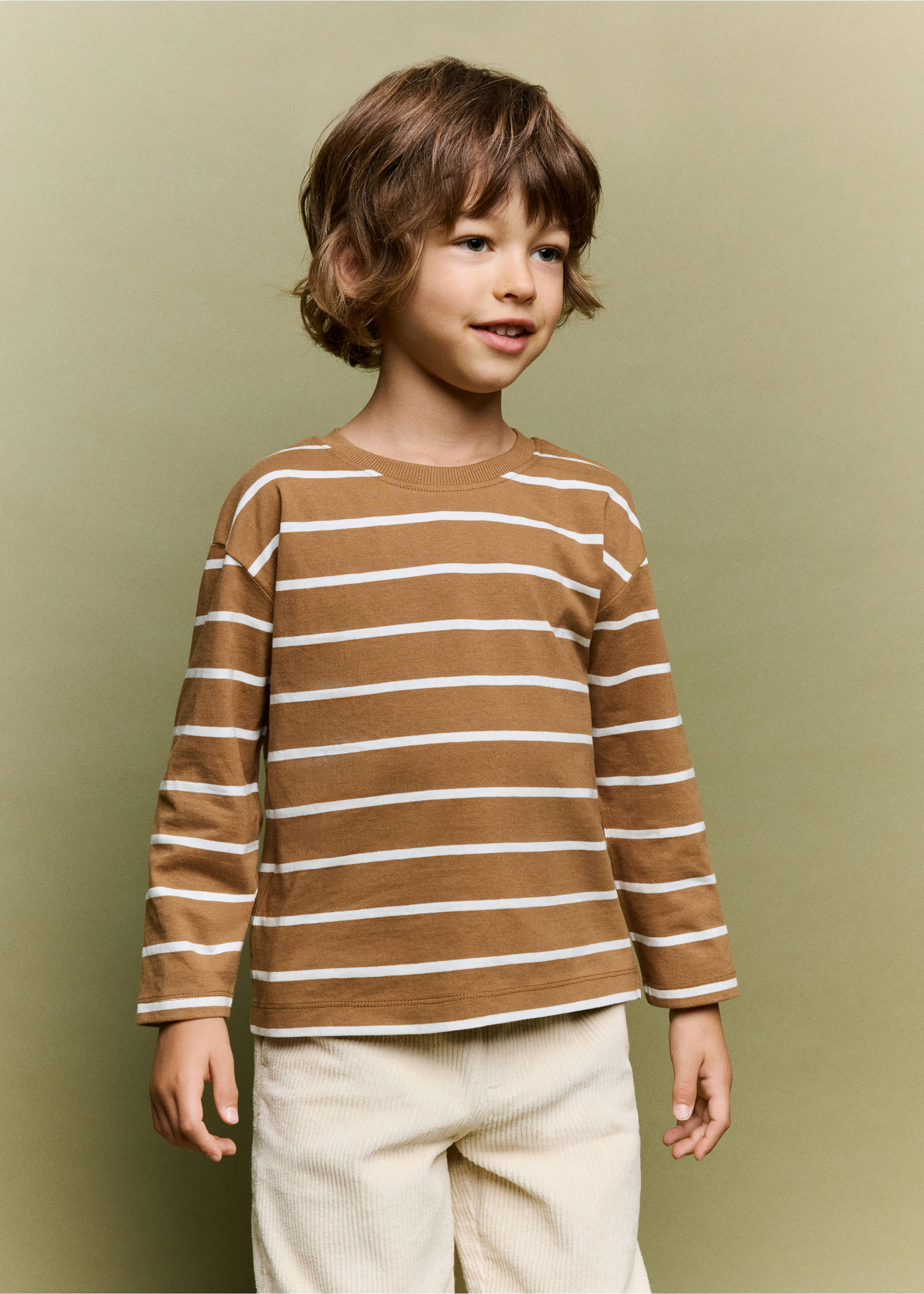 Brown and white striped long-sleeved t-shirt with crew neck., Caramel. Ref: 37026333-00.