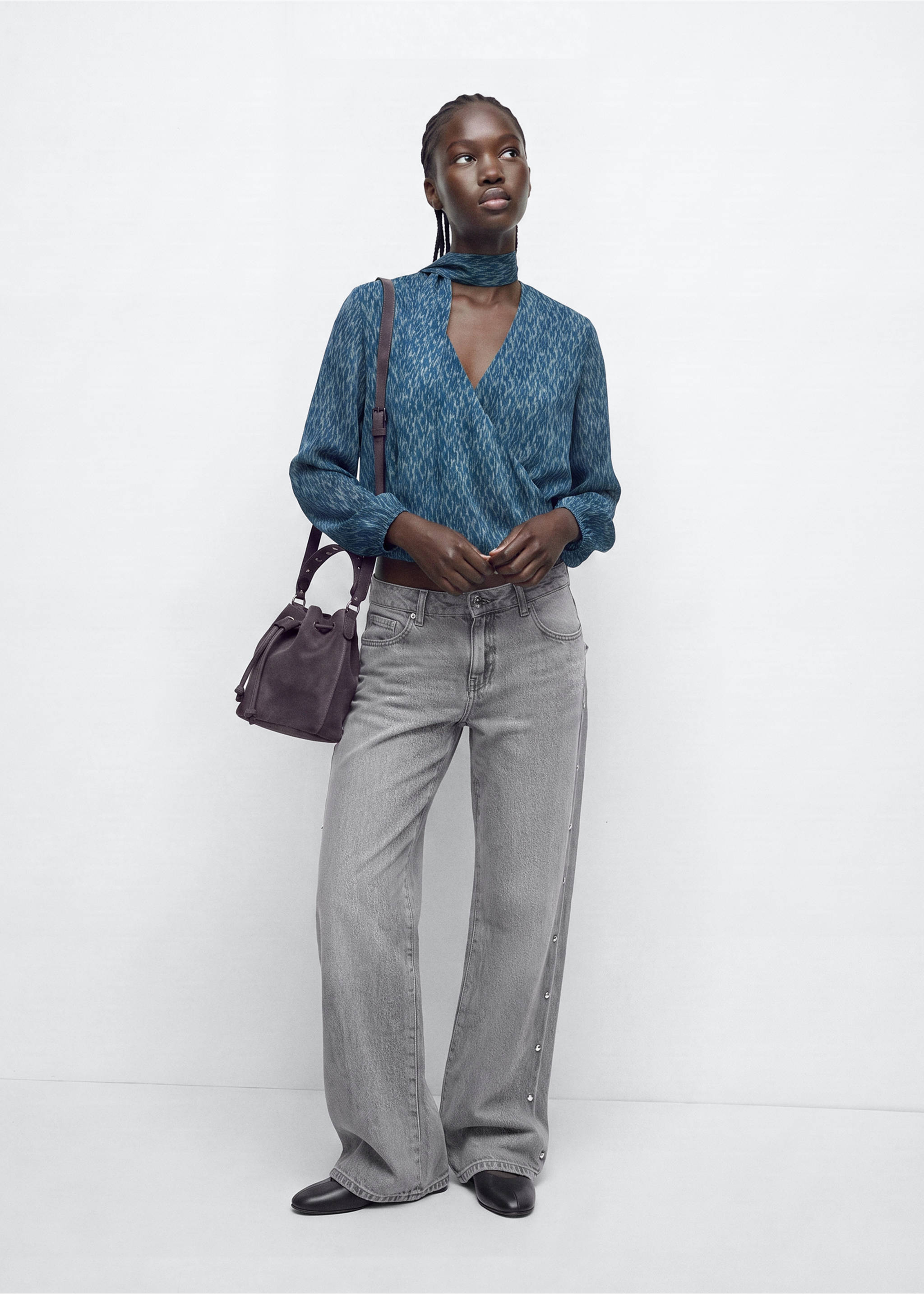 Flowy printed blouse with tie detail - General plane, Petrol Blue. Ref: 37026342-00.