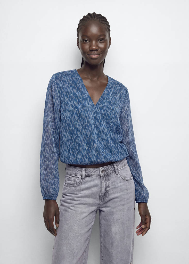 Flowy printed blouse with tie detail — Petrol Blue