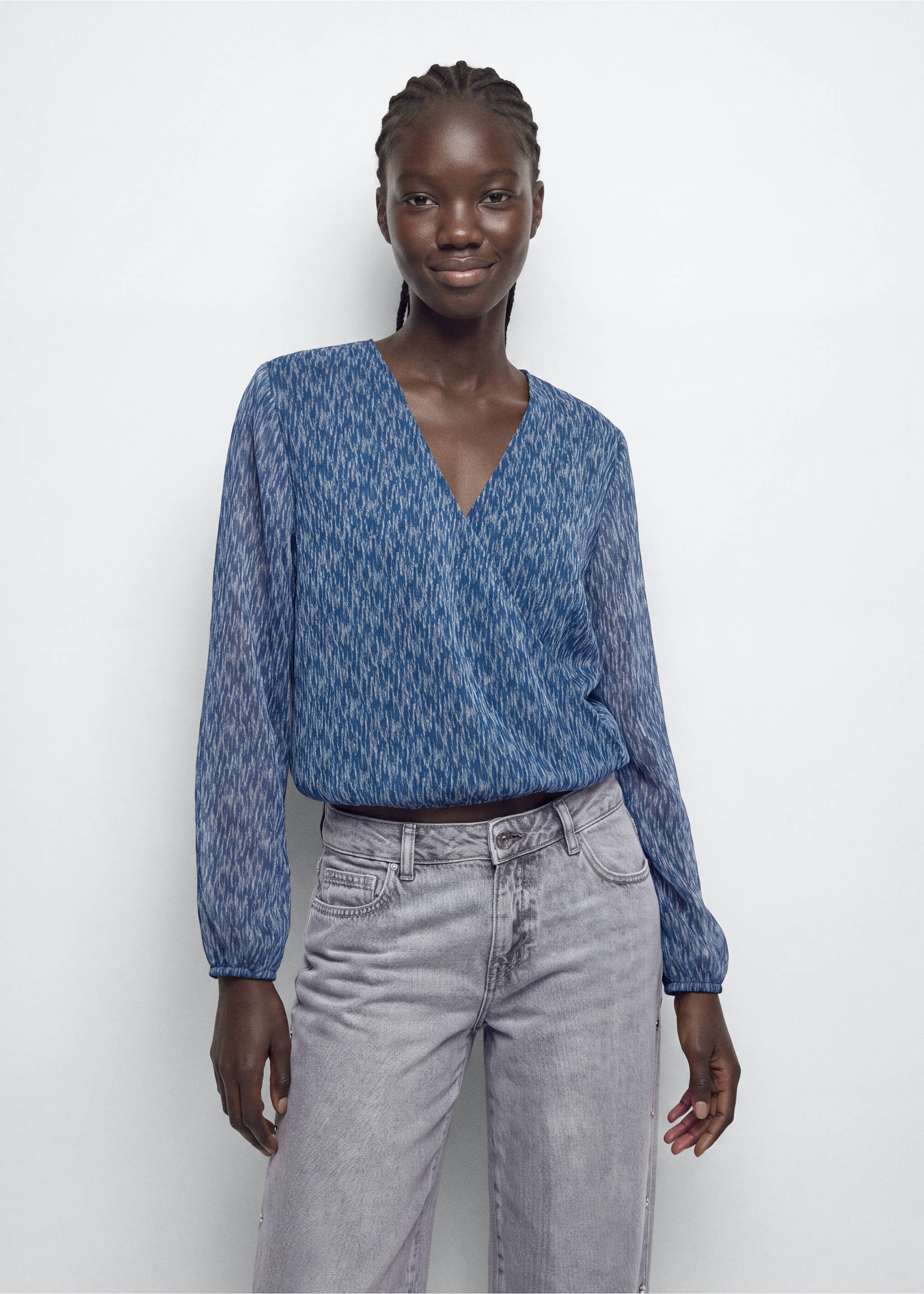 Flowy printed blouse with tie detail - Medium plane, Petrol Blue. Ref: 37026342-00.