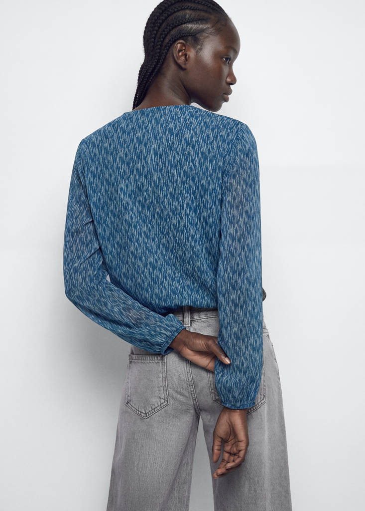 Flowy printed blouse with tie detail — Petrol Blue