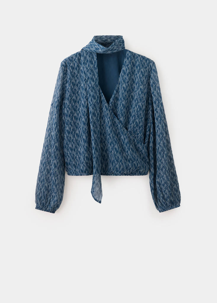 Flowy printed blouse with tie detail — Petrol Blue