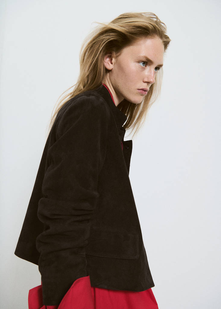 Suede jacket with strap collar — Grey