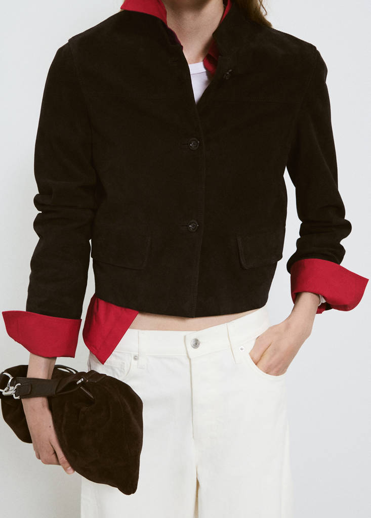 Suede jacket with strap collar — Grey