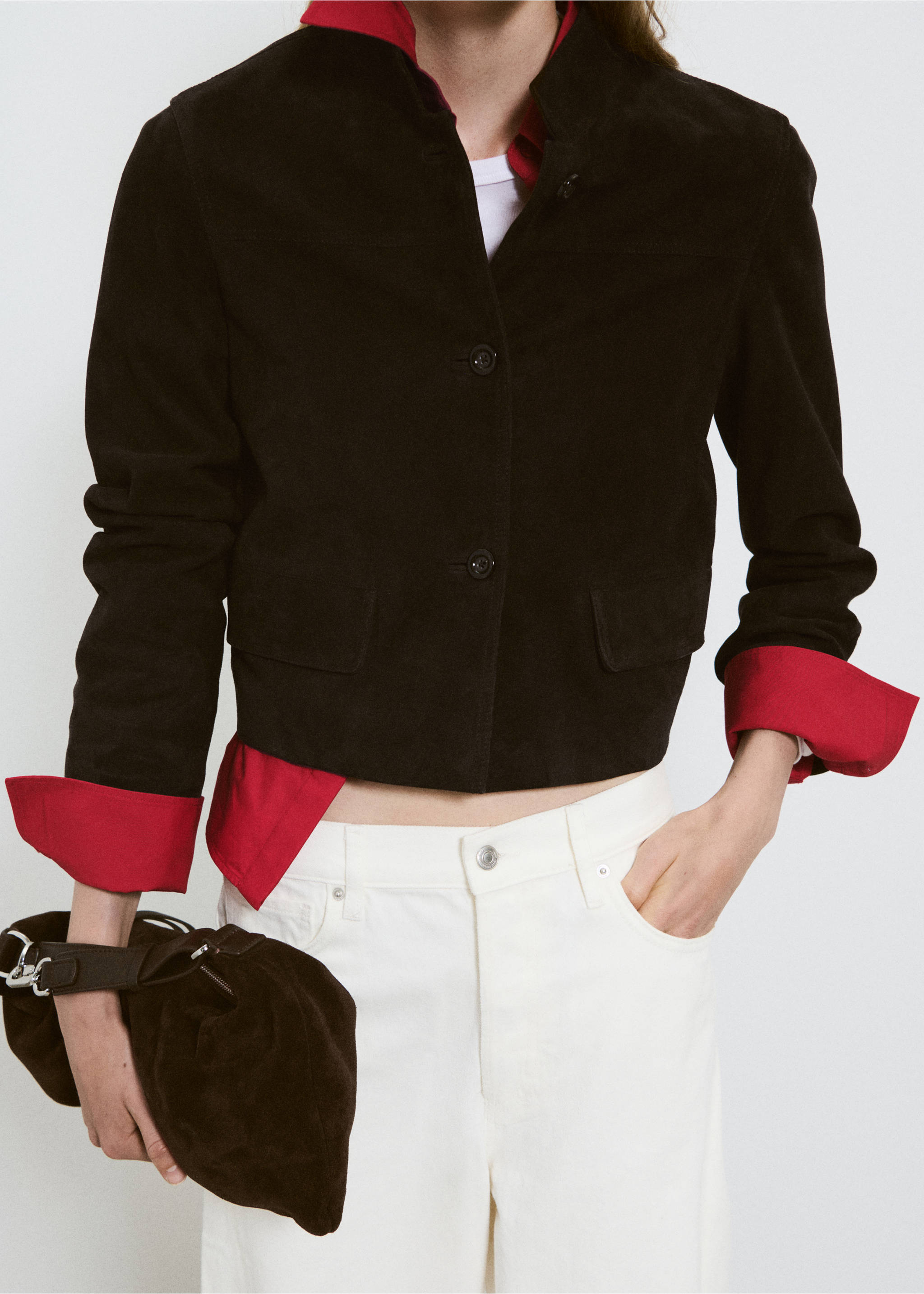 Dark brown jacket with stand collar and button fastenings., Grey. Ref: 37026350-01.