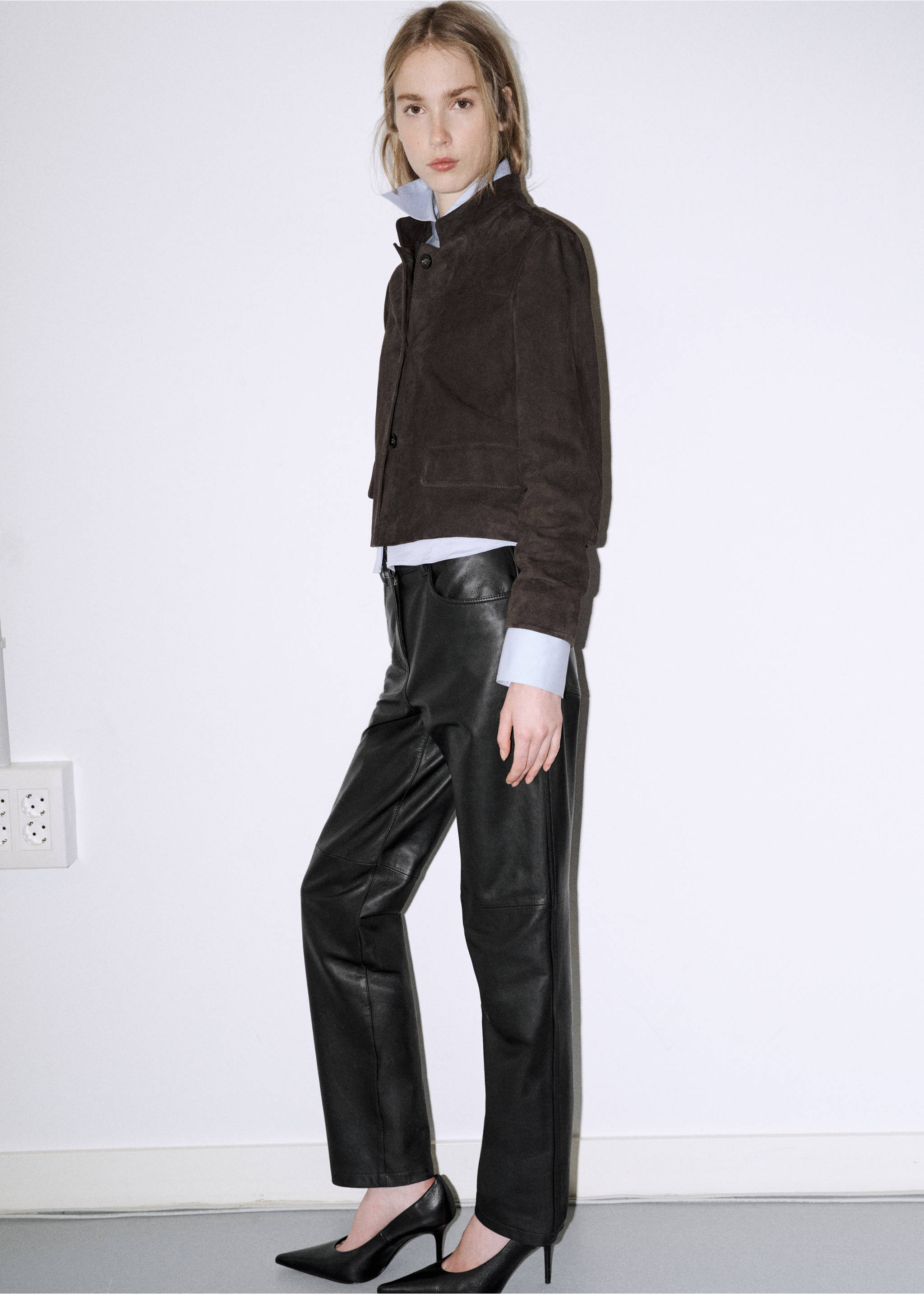 Suede jacket with strap collar - General plane, Grey. Ref: 37026350-02.