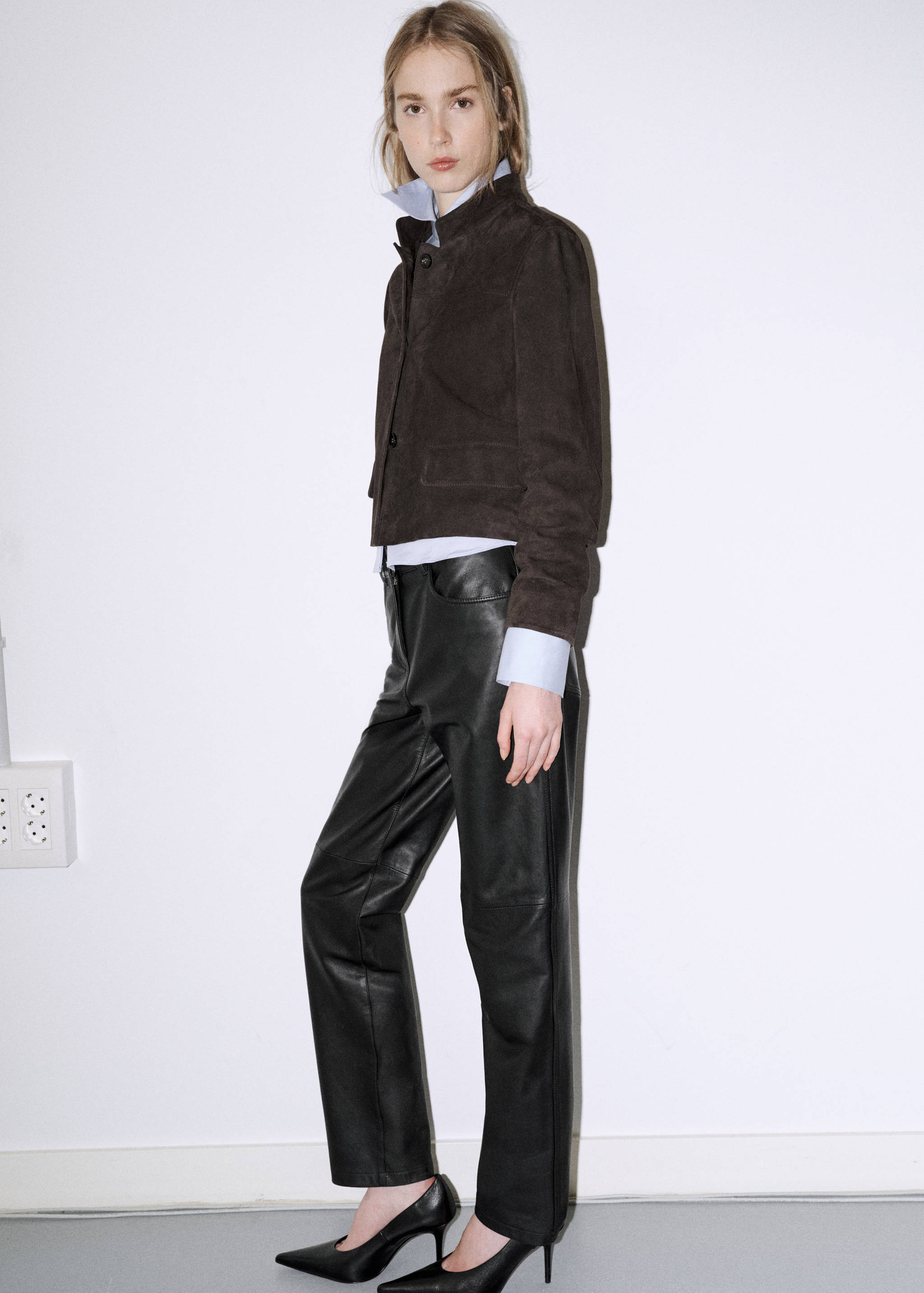 Suede jacket with strap collar - General plane