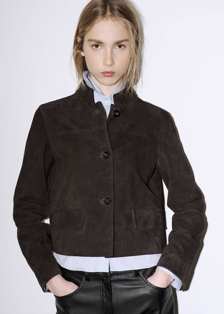 Suede jacket with strap collar — Grey