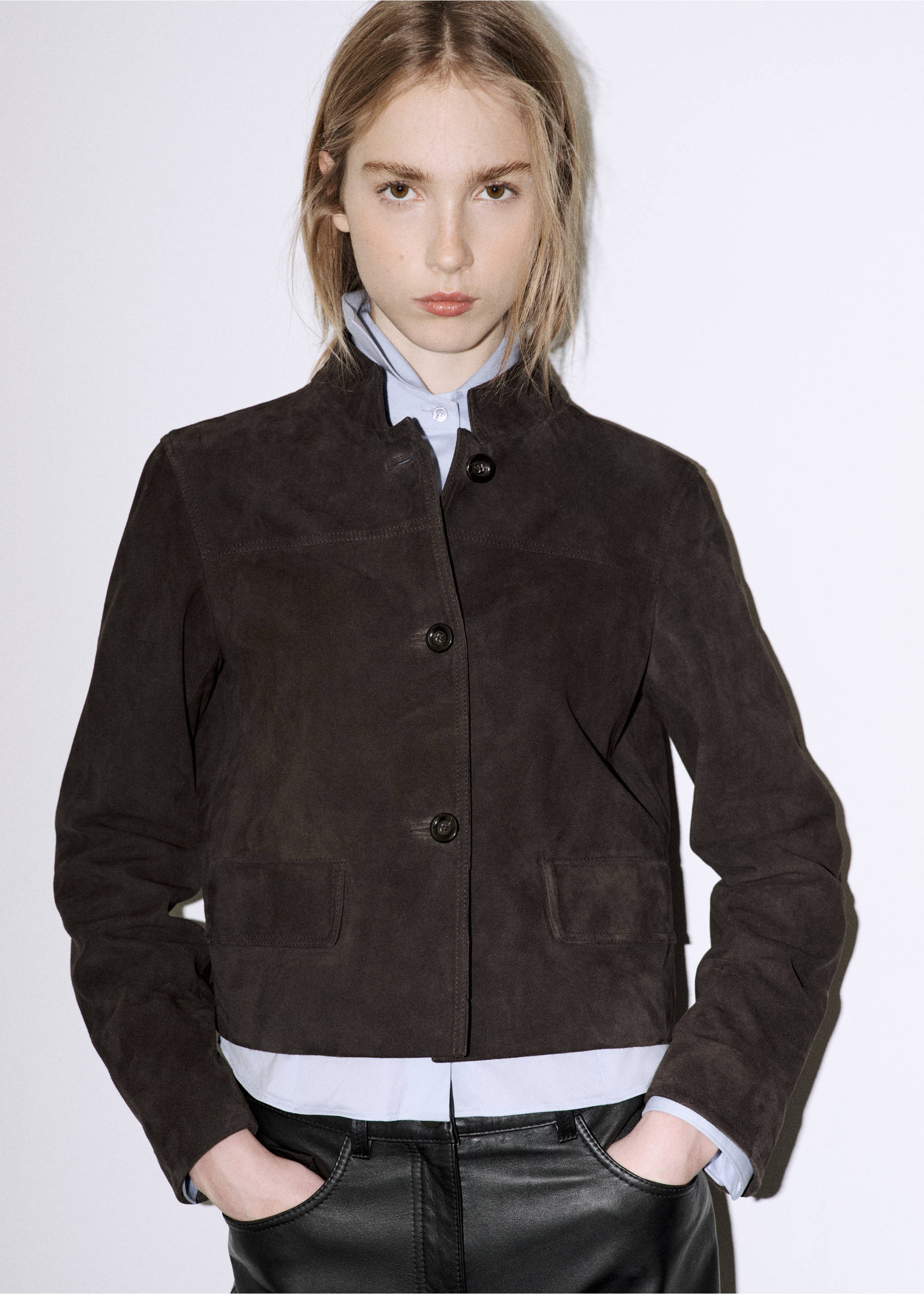 Suede jacket with strap collar - Medium plane, Grey. Ref: 37026350-02.