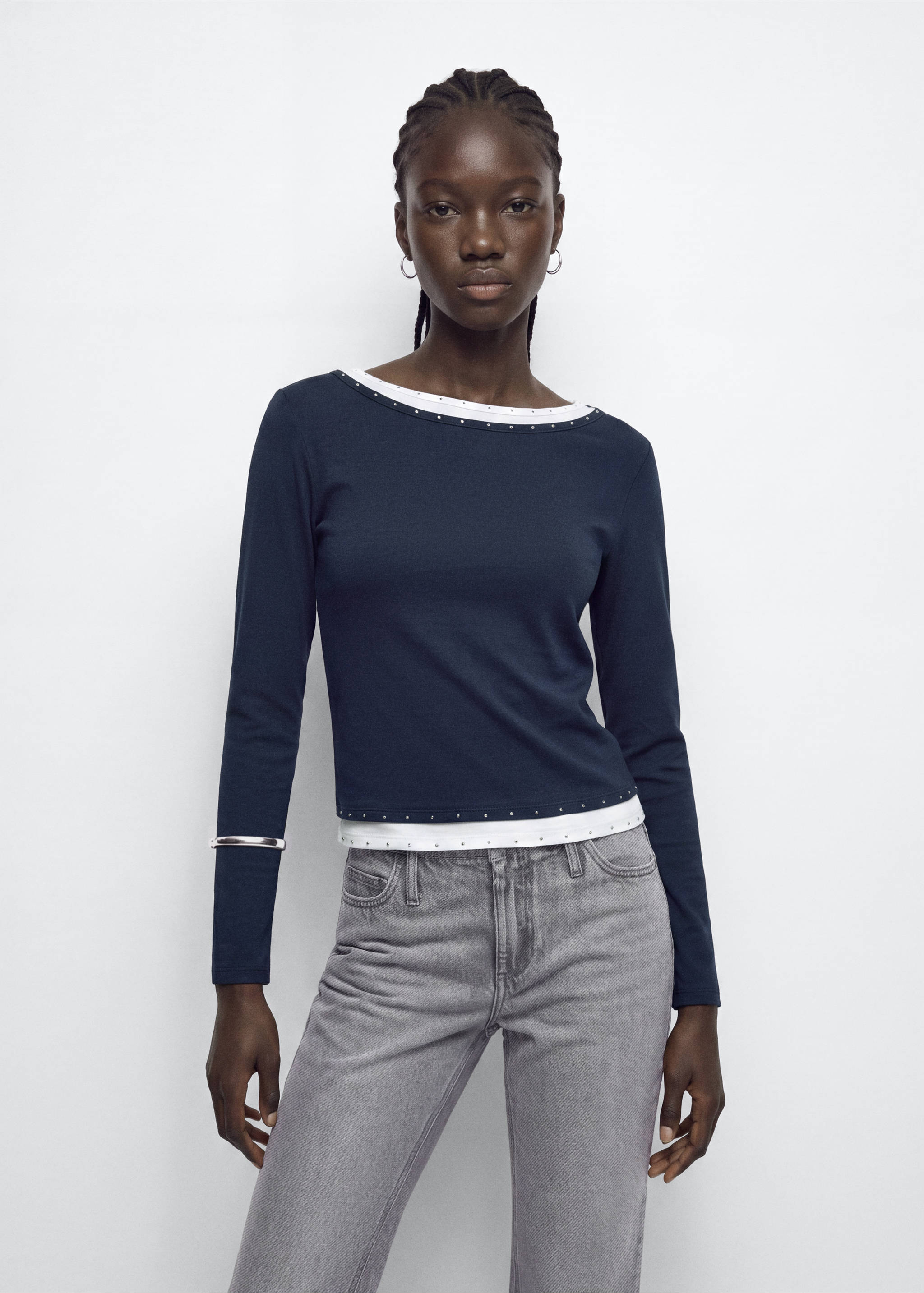 Cotton T-shirt with double-layer effect and rhinestones - Medium plane, Navy. Ref: 37026357-00.
