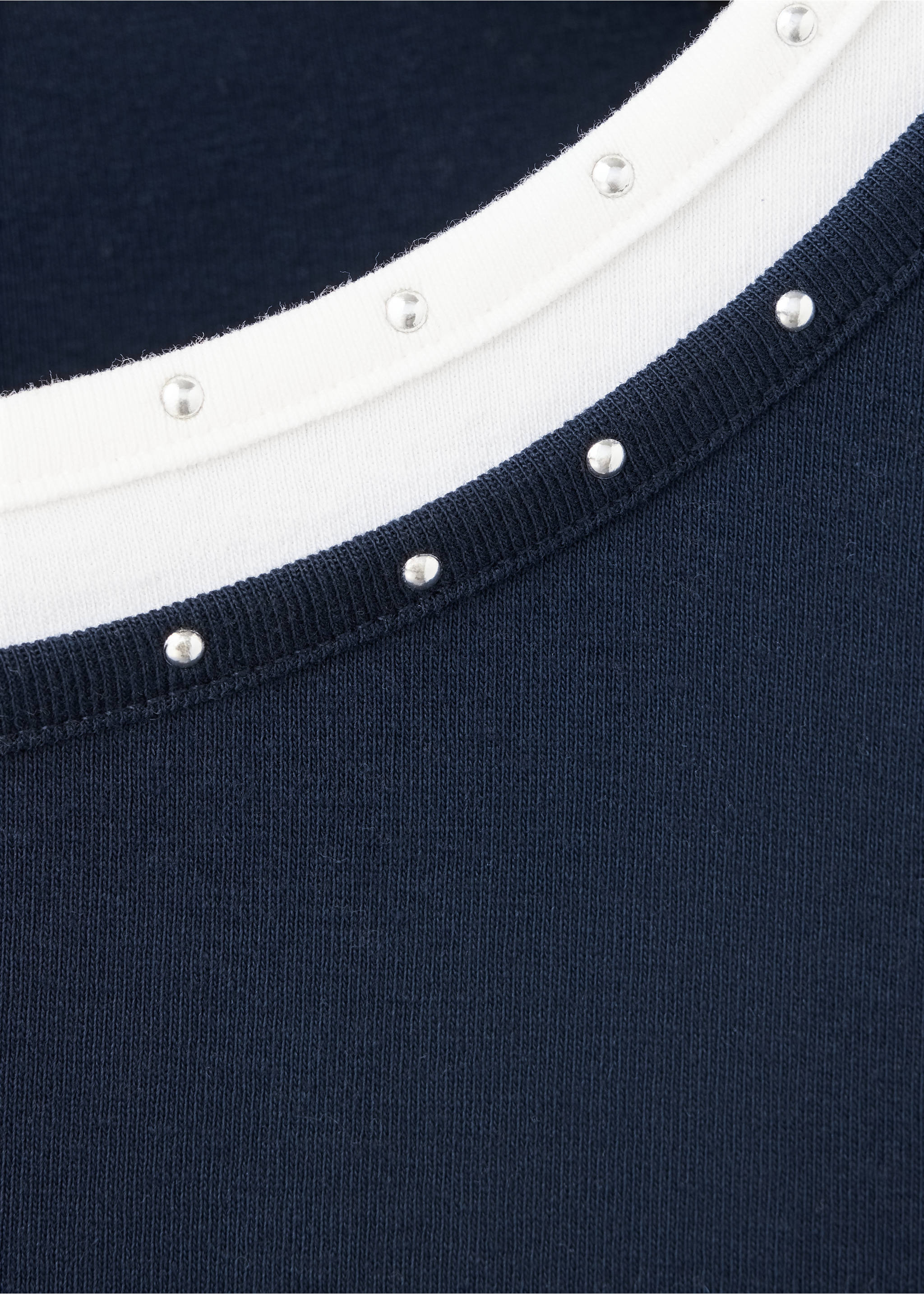 Cotton T-shirt with double-layer effect and rhinestones - Details of the article 8, Navy. Ref: 37026357-00.