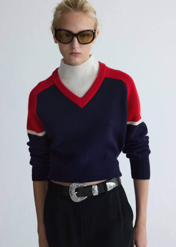 Wool jersey with contrast overlay — Navy