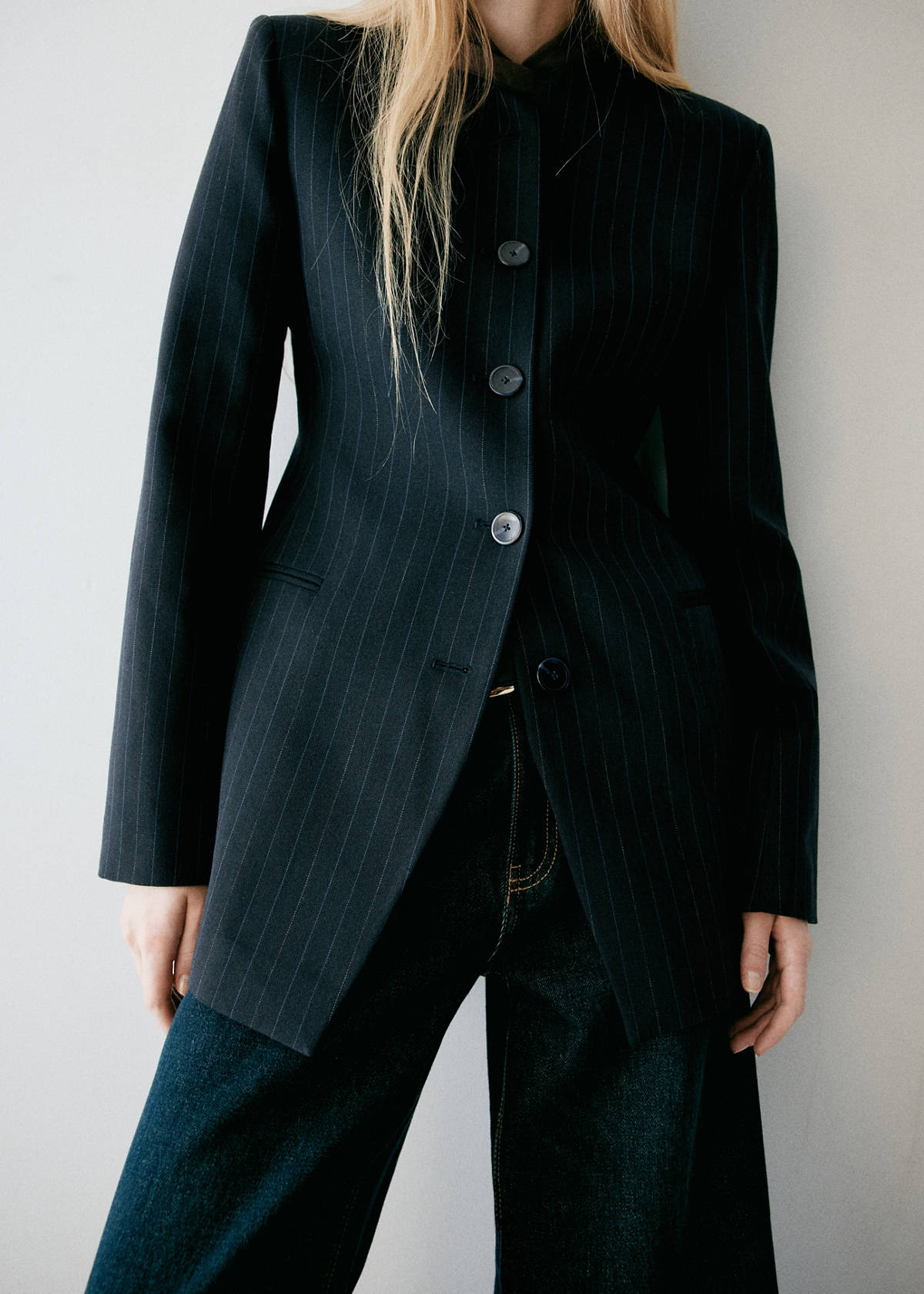 Wool pinstripe blazer — Navy