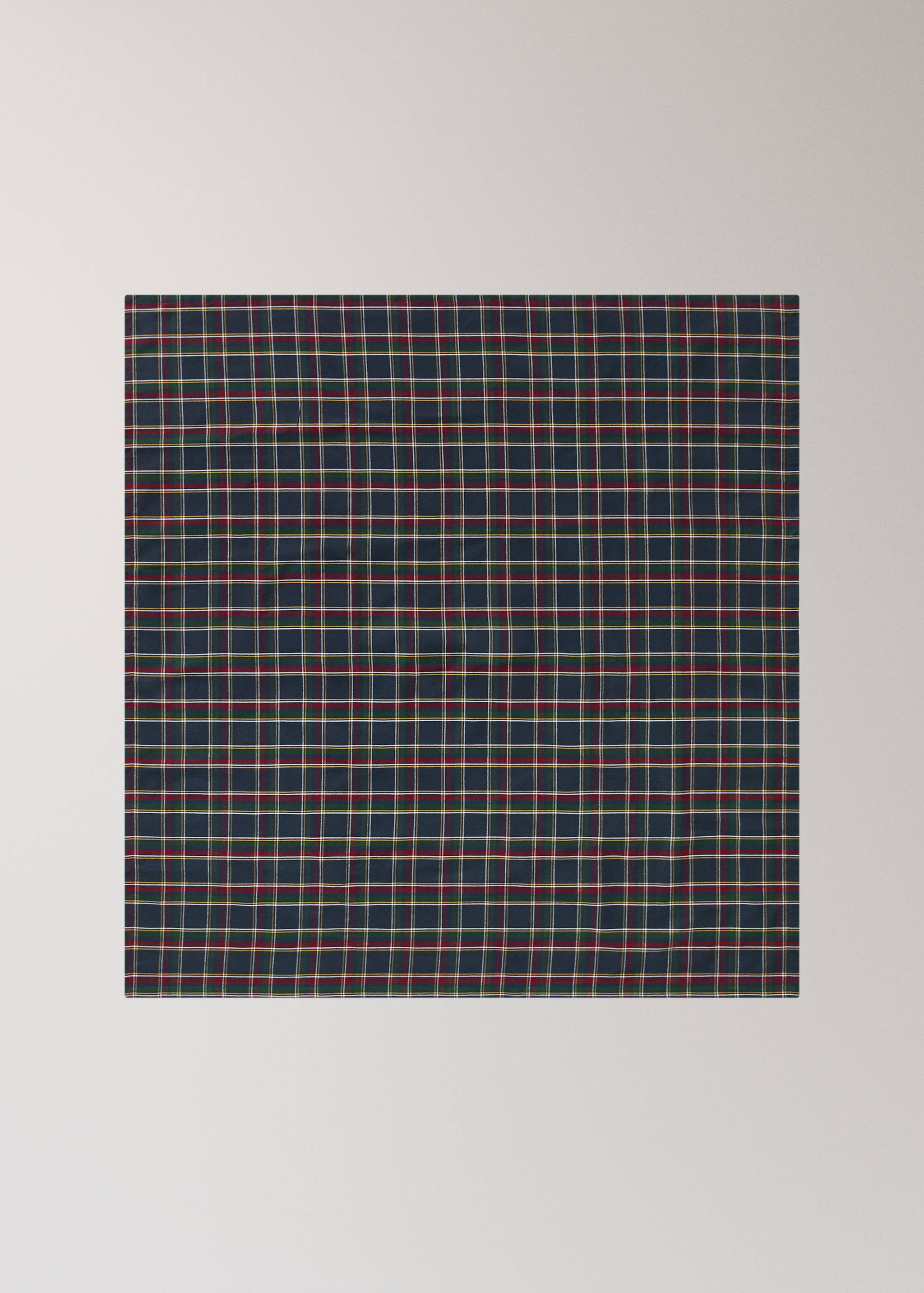 Dark blue tartan check tablecloth.