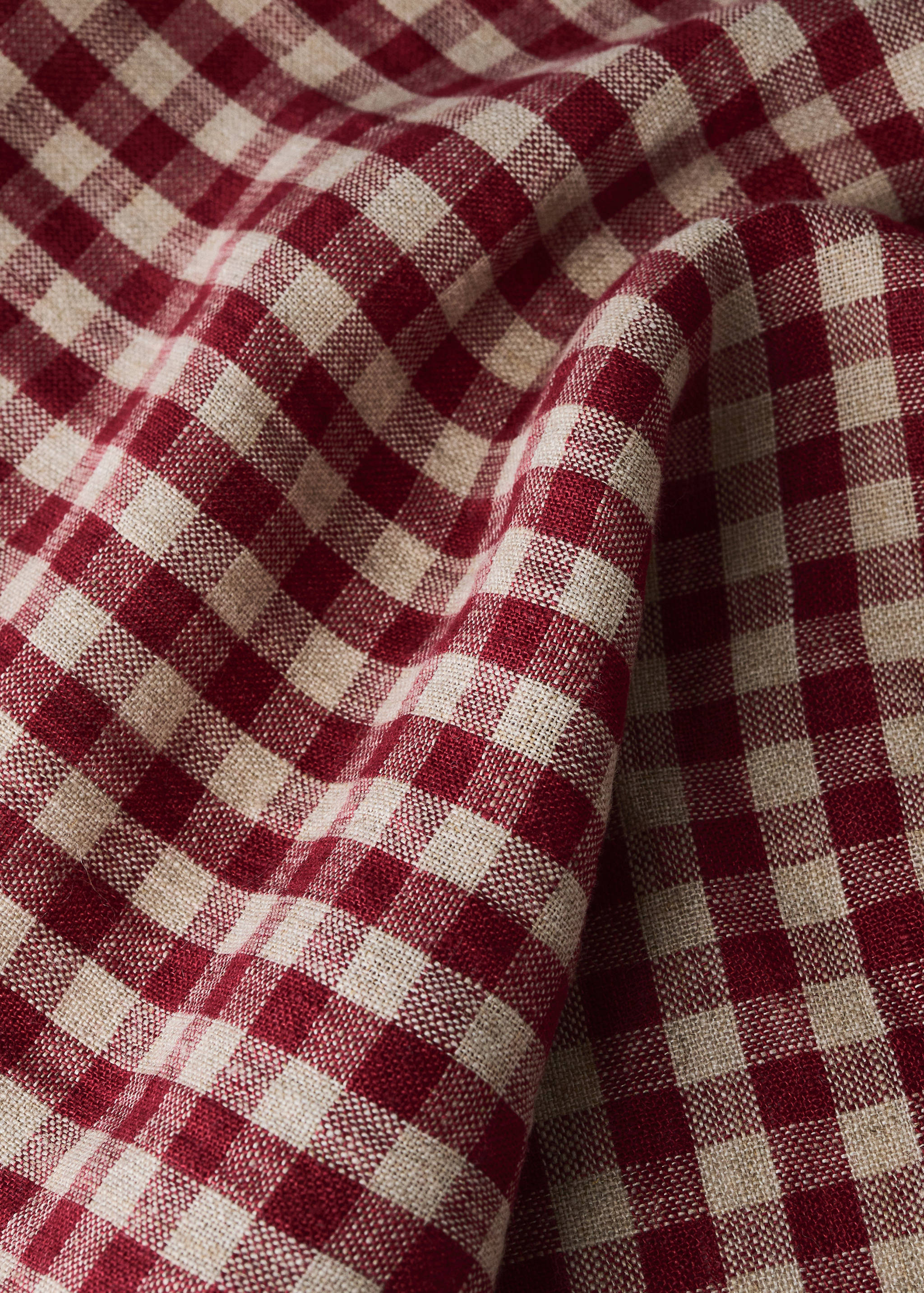 Red and beige check tablecloth fabric detail.