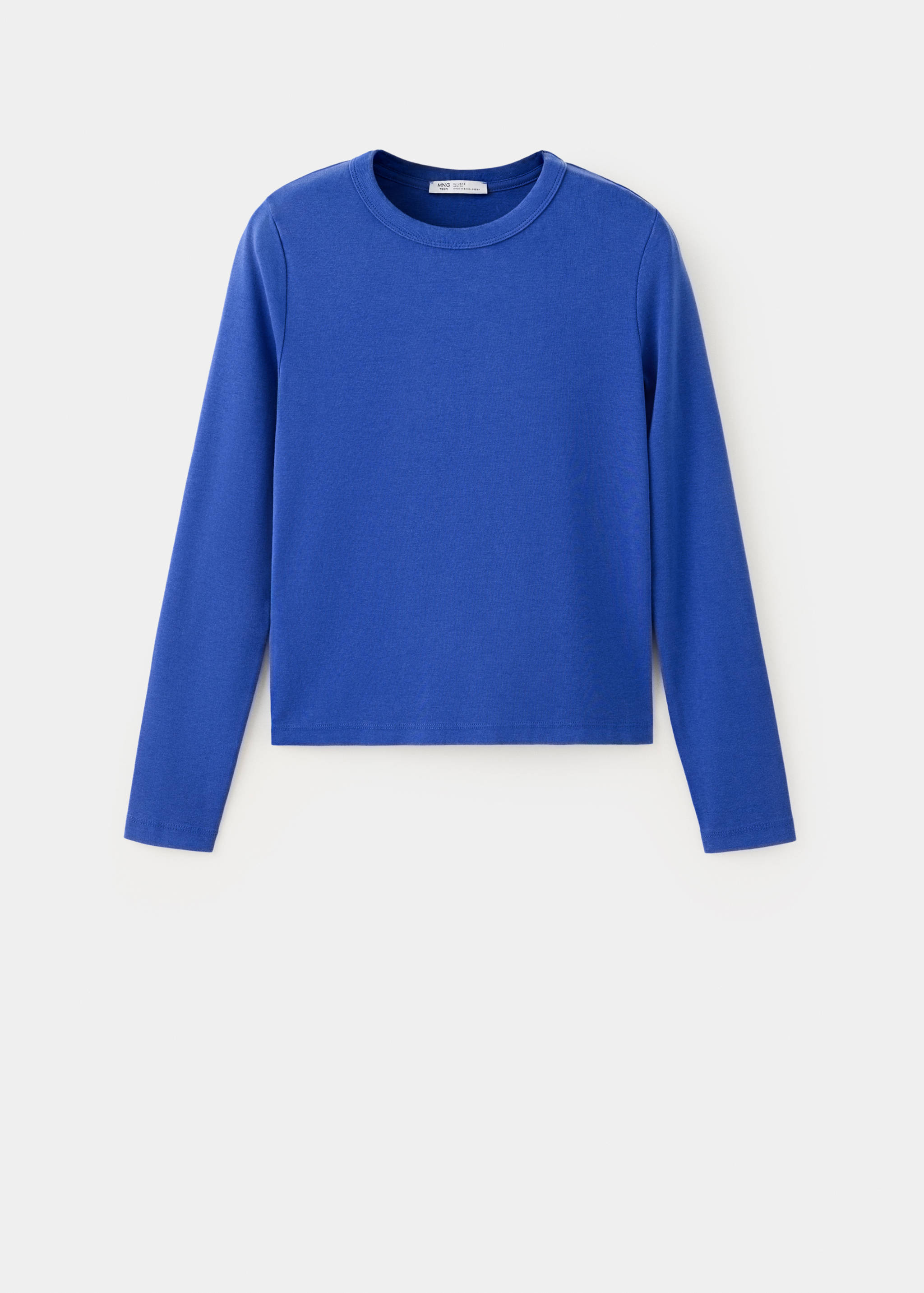 Vibrant blue long-sleeve t-shirt with a crew neck.