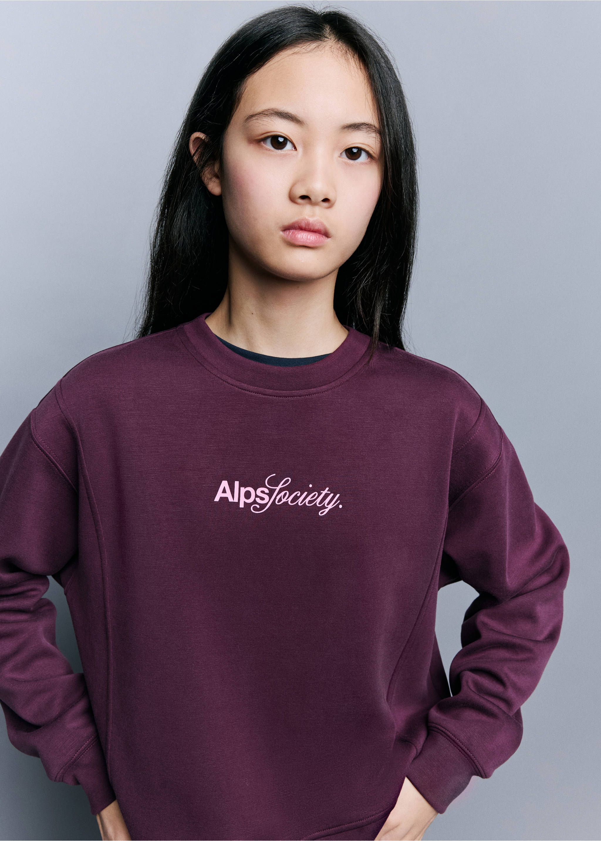 Dark plum sweatshirt featuring a crew neck and white chest embroidery., Dark Red. Ref: 37026748-00.