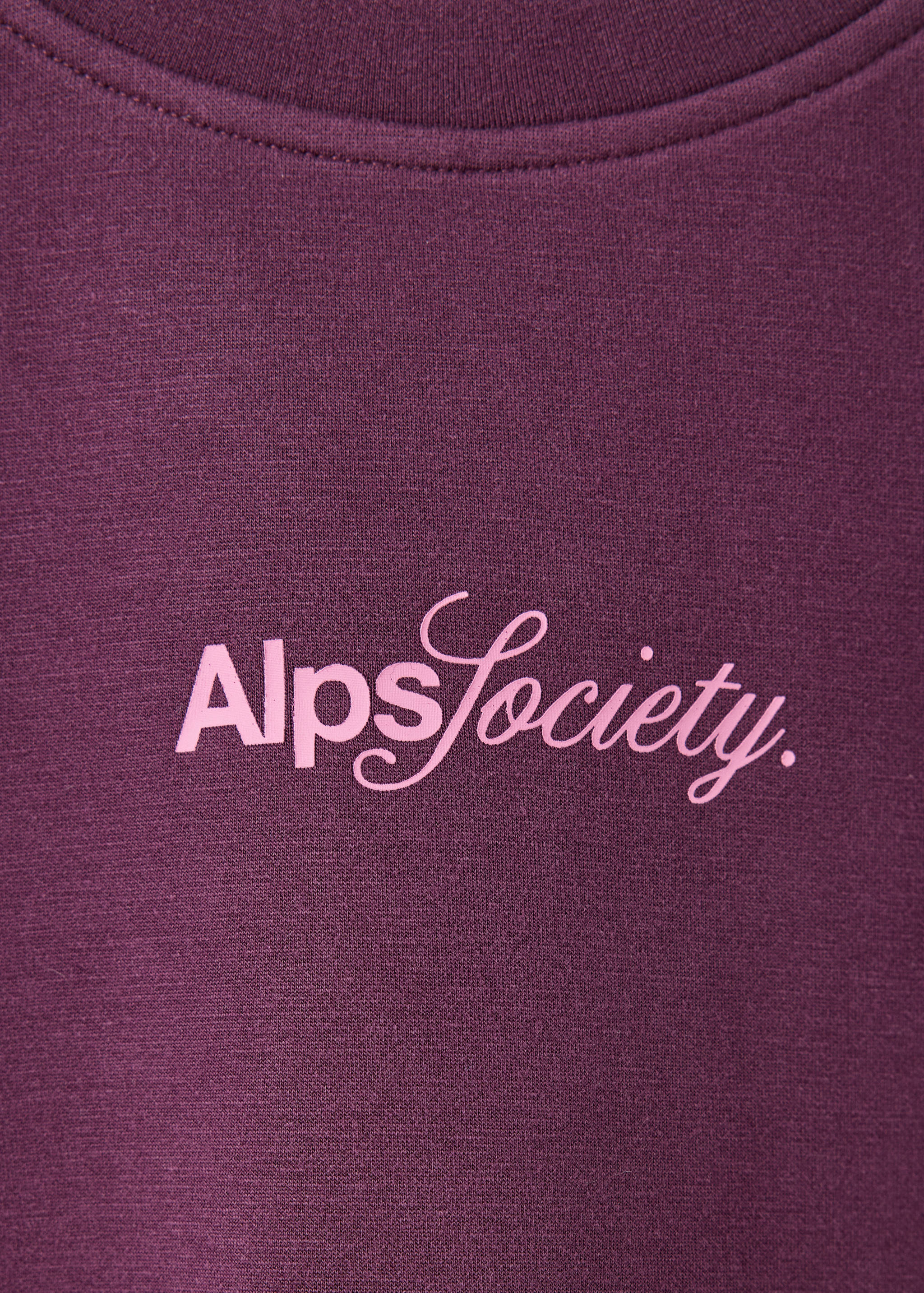Burgundy kids' sweatshirt detail with light pink Alpsociety. print.