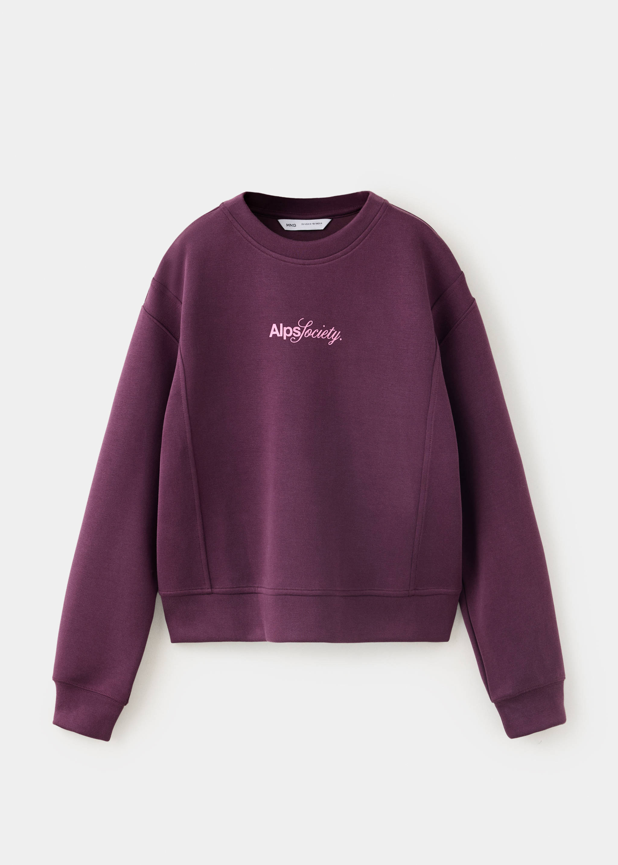 Plum sweatshirt with crew neck, ribbed trims, and embroidered chest text.