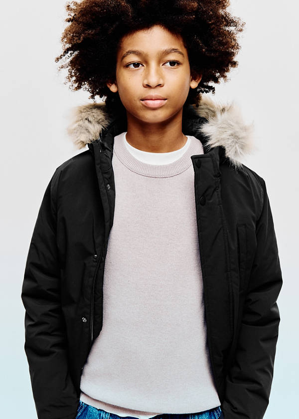 Puffer coat with fur-effect hood — Black