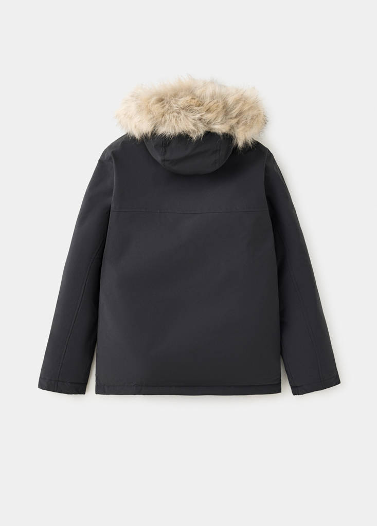 Puffer coat with fur-effect hood — Black