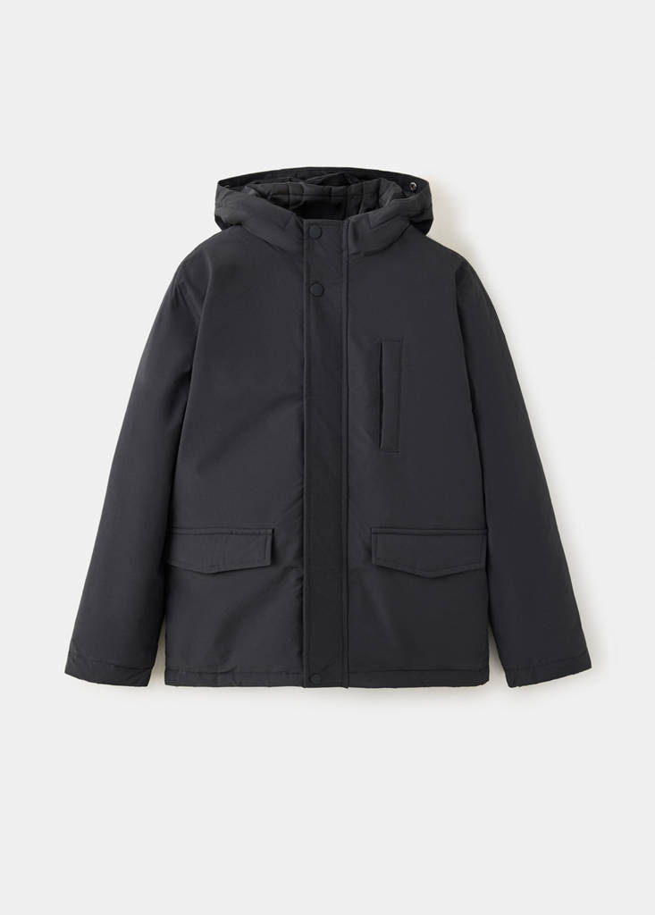 Puffer coat with fur-effect hood — Black