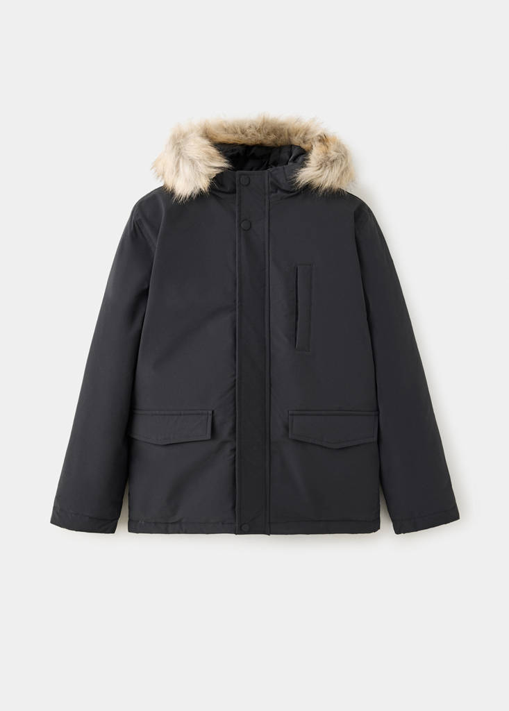 Puffer coat with fur-effect hood — Black