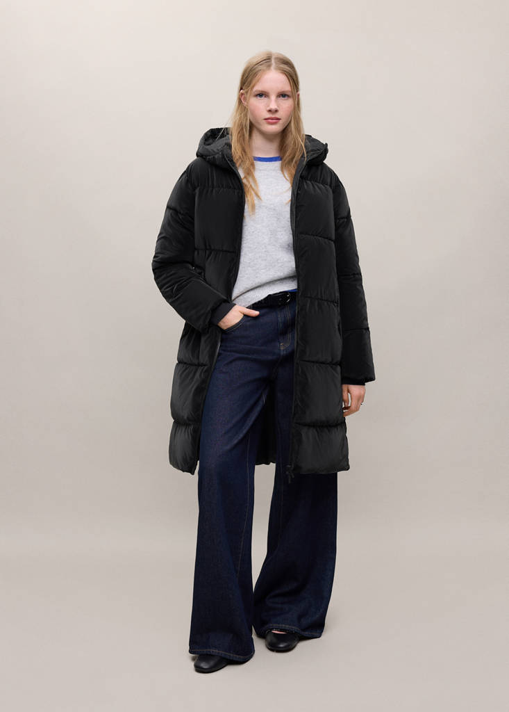 Długi pikowany anorak z kapturem czarny - Teen - XXS - MANGO TEEN