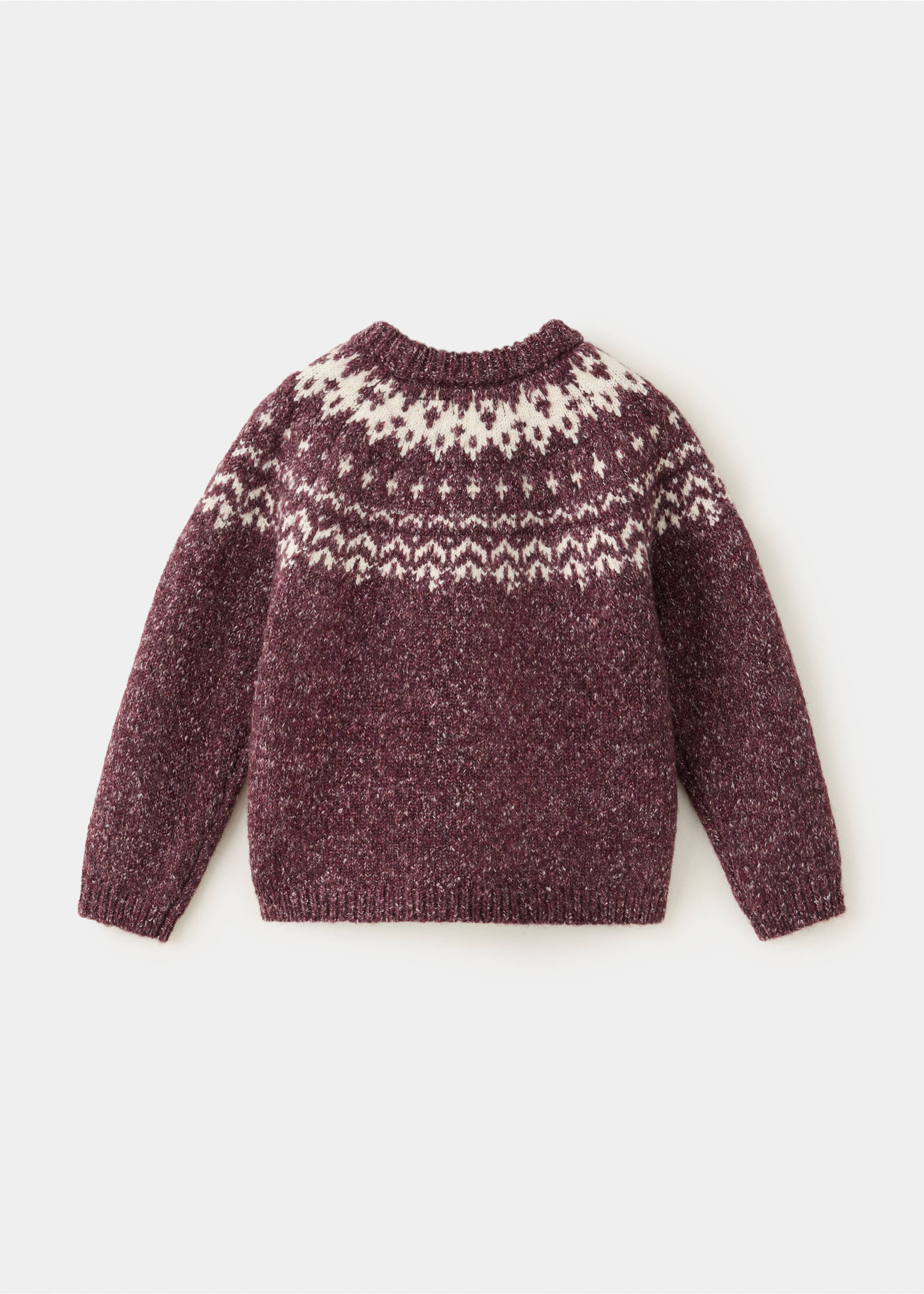 Marled plum children's knit jersey sweater with a cream Fair Isle yoke, shown from the back., Maroon. Ref: 37027125-00.