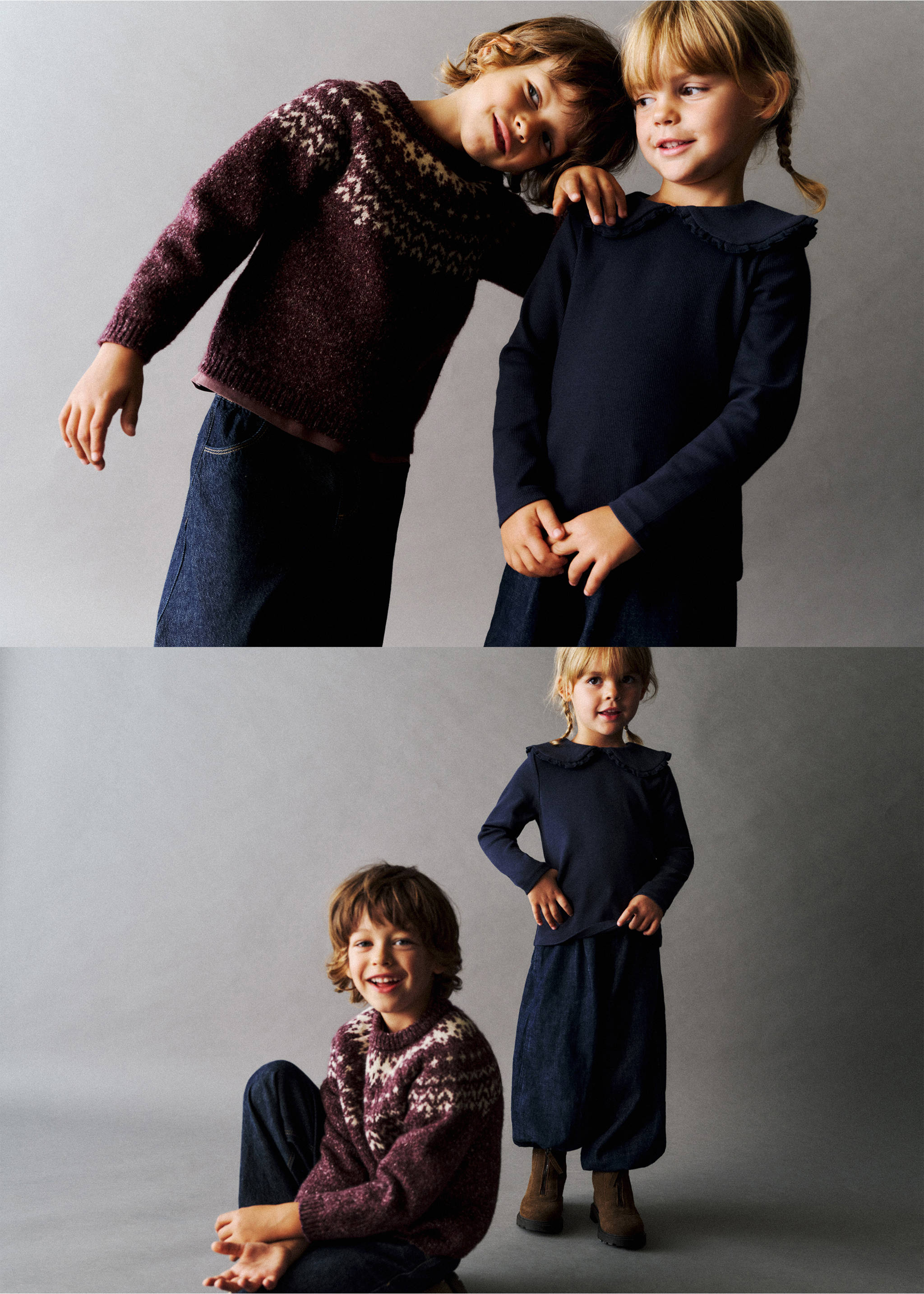 Kids maroon fair isle knit jumper worn with dark trousers, shown in two views with another child., Maroon. Ref: 37027125-00.