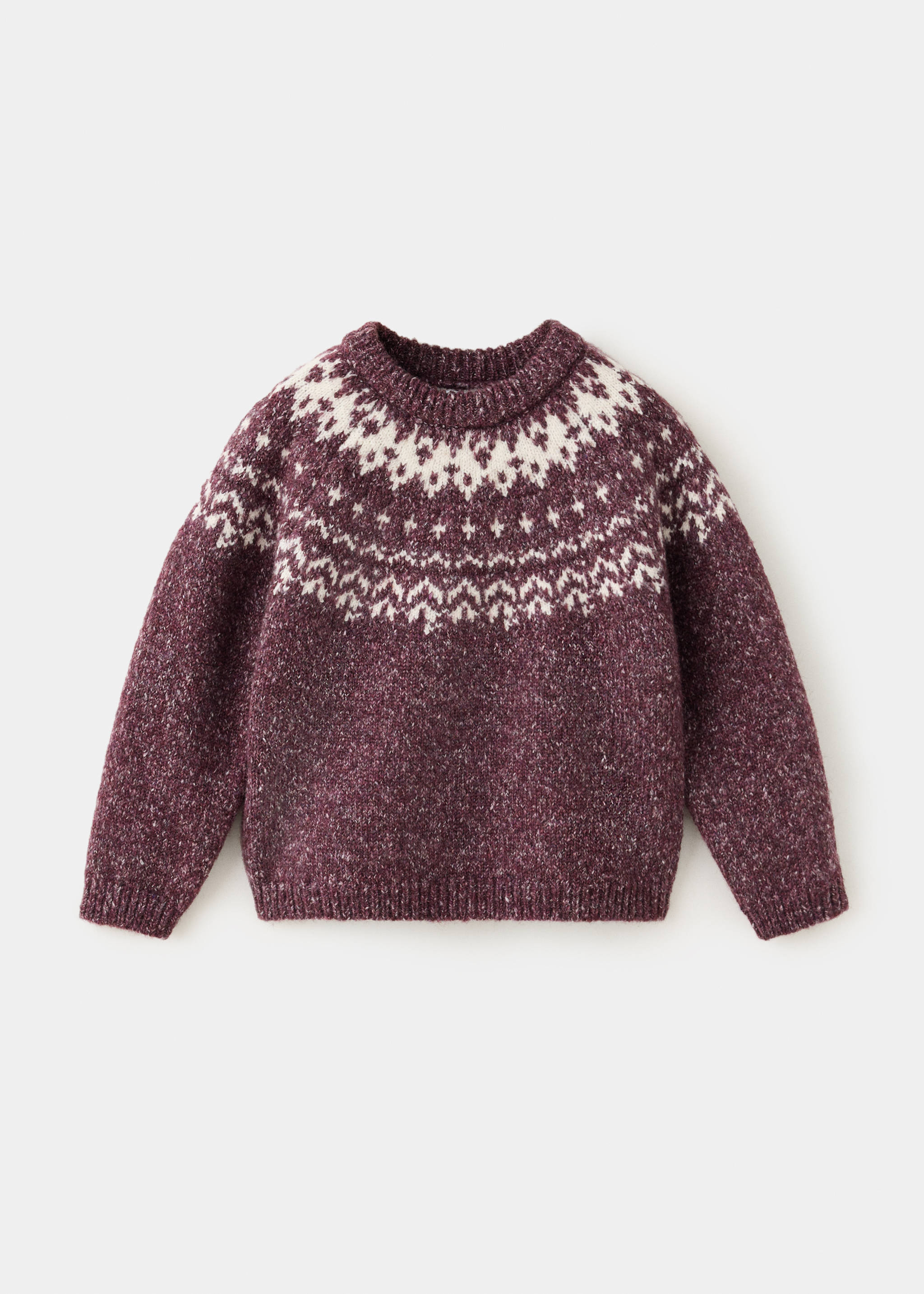 Plum purple kids' knit sweater with a white Fair Isle yoke pattern.