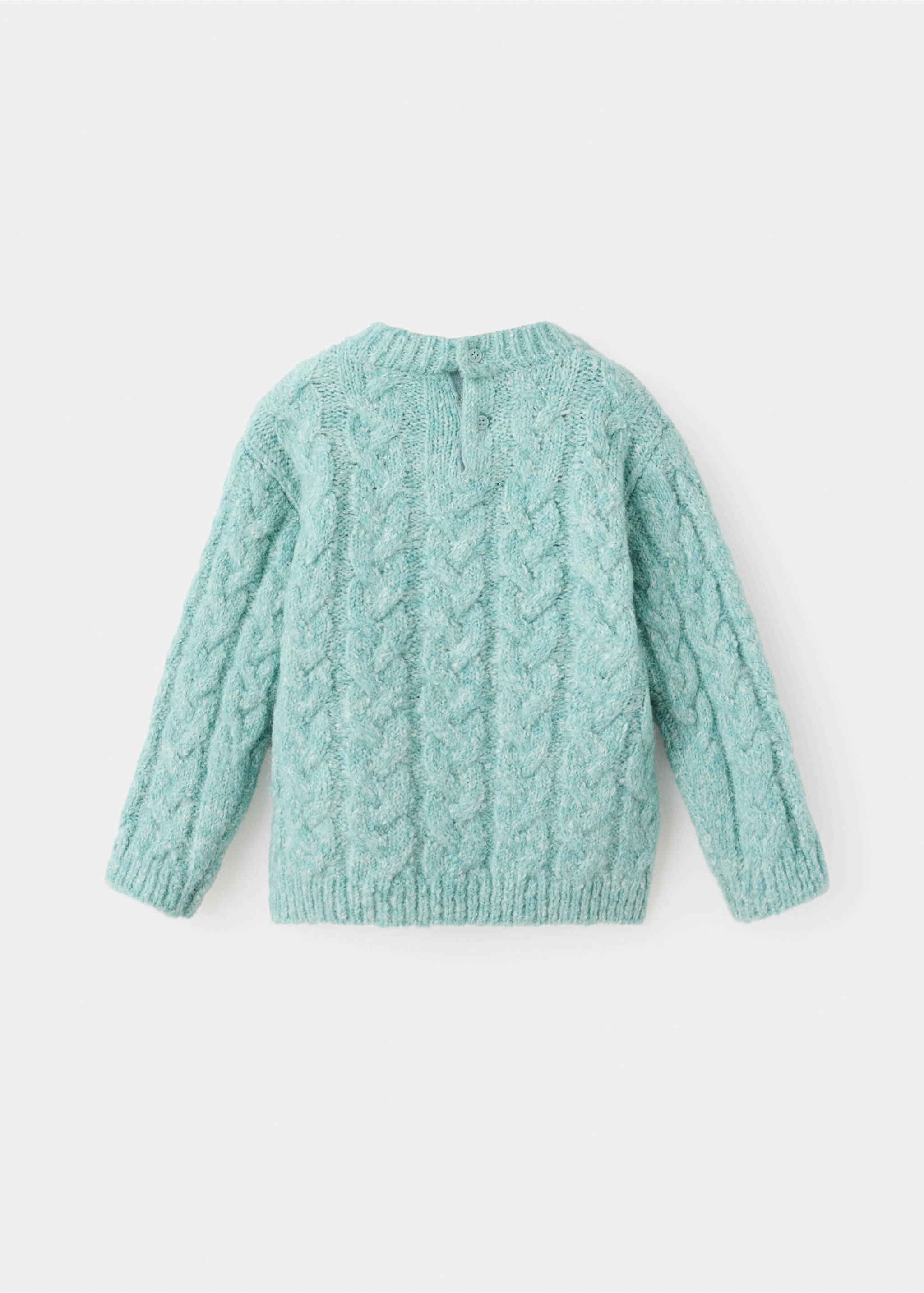Turquoise cable-knit children's jumper viewed from the back with a button neck fastening., Aqua Green. Ref: 37027126-00.