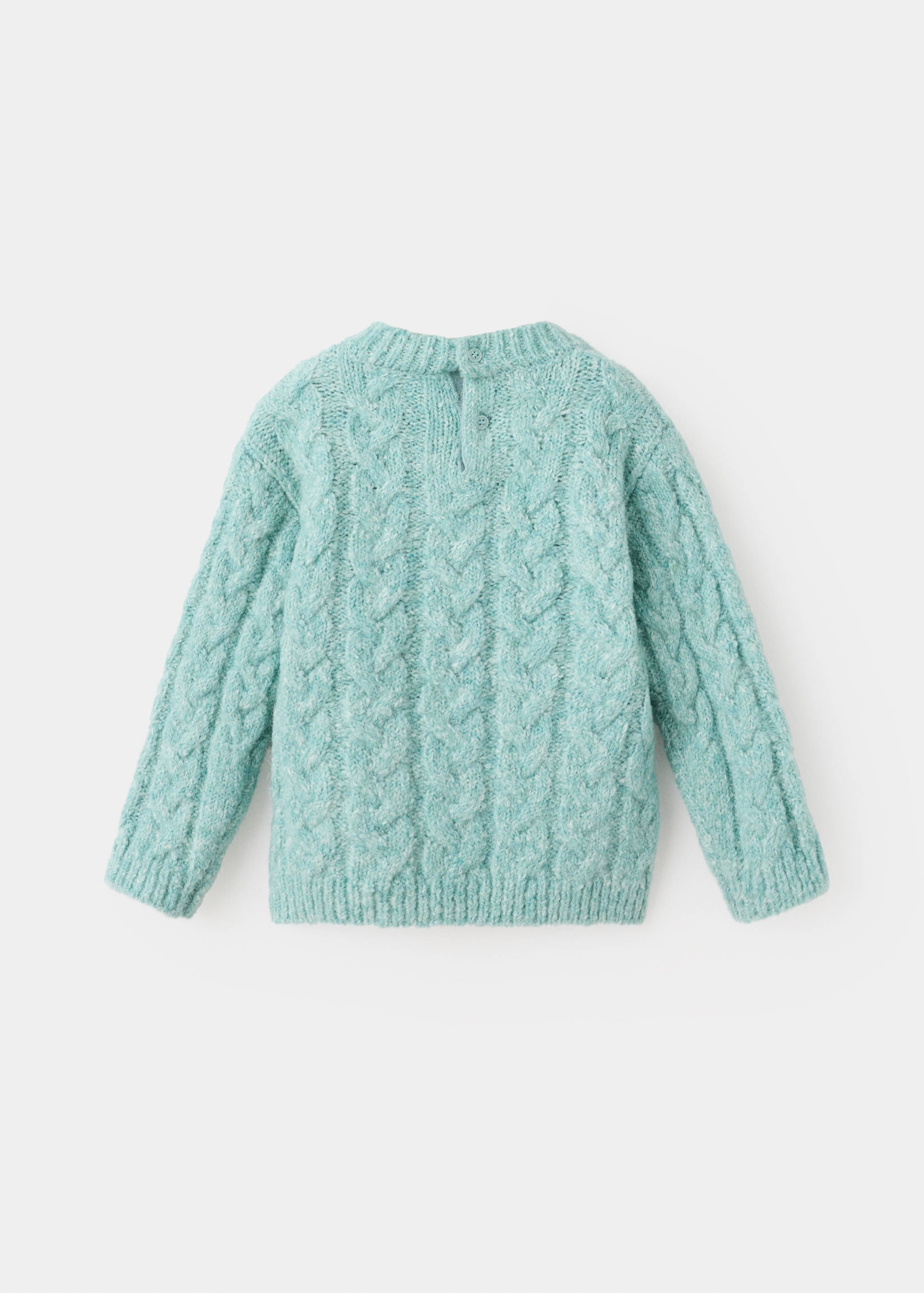Turquoise cable-knit children's jumper viewed from the back with a button neck fastening.