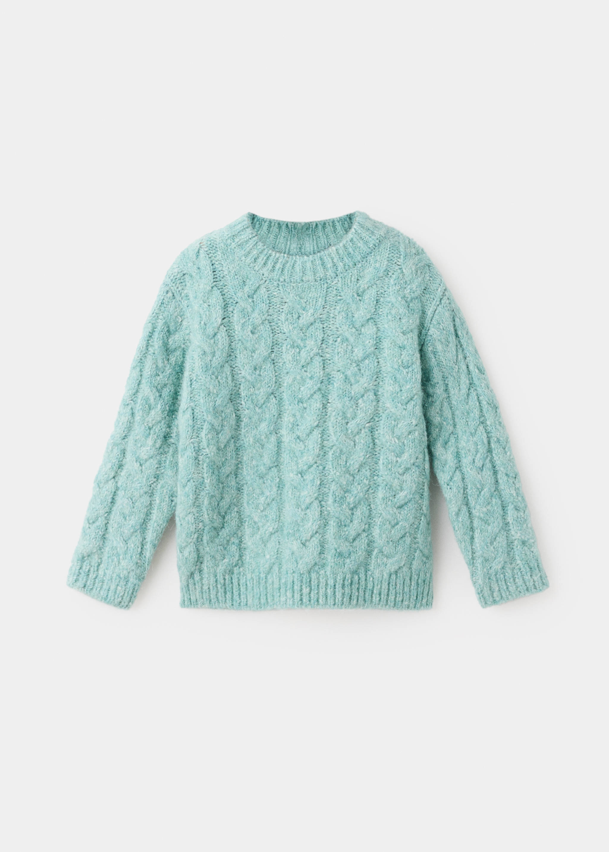 Turquoise cable-knit kids' sweater with a crew neck.