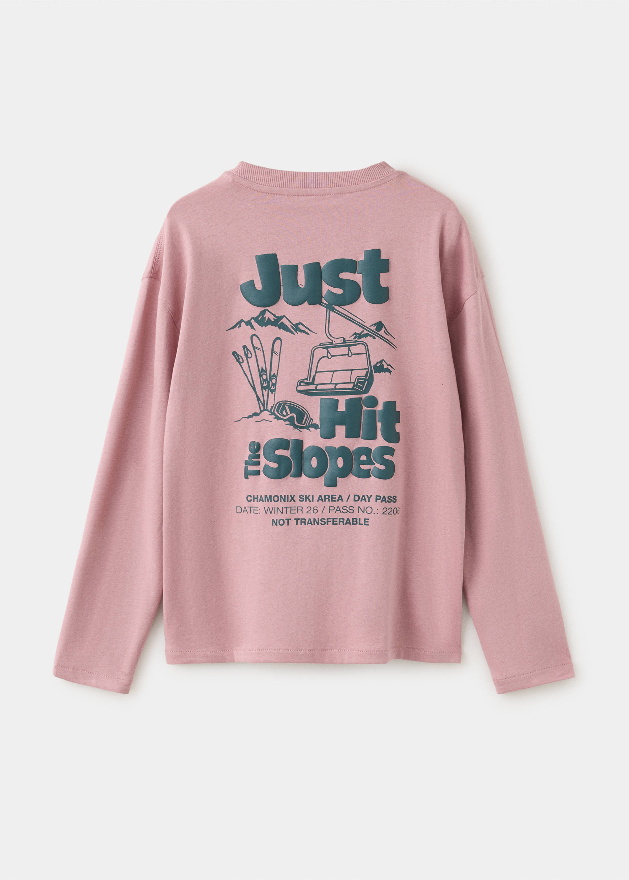 T-shirt en coton avec motif ski et message imprimés - Verso de l’article, Rose pâle. Ref: 37027128-00.