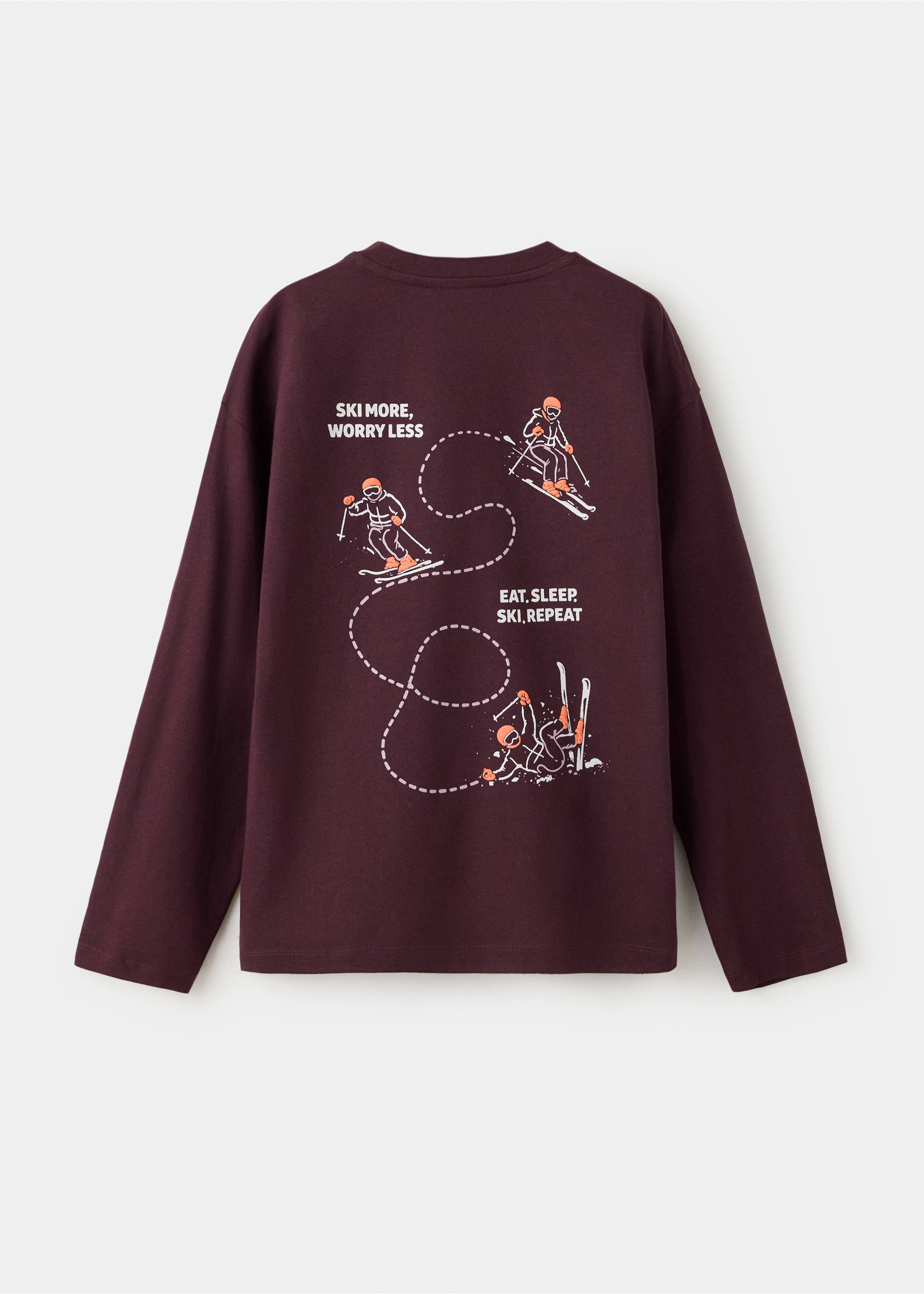 Burgundy long-sleeve t-shirt with back ski graphics, back view, Burgundy. Ref: 37027131-00.