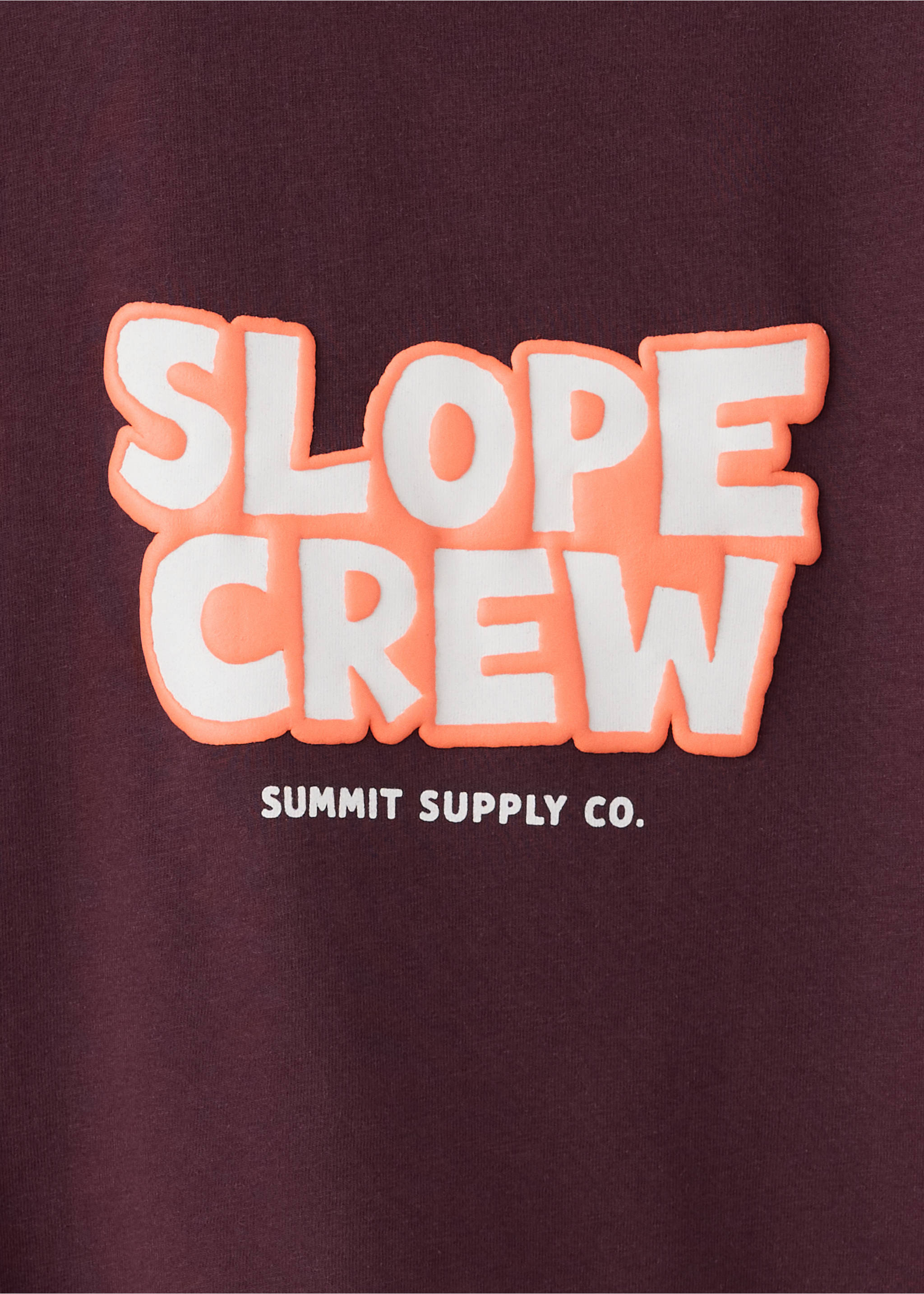 Burgundy T-shirt detail showing raised 'Slope Crew' graphic print., Burgundy. Ref: 37027131-00.