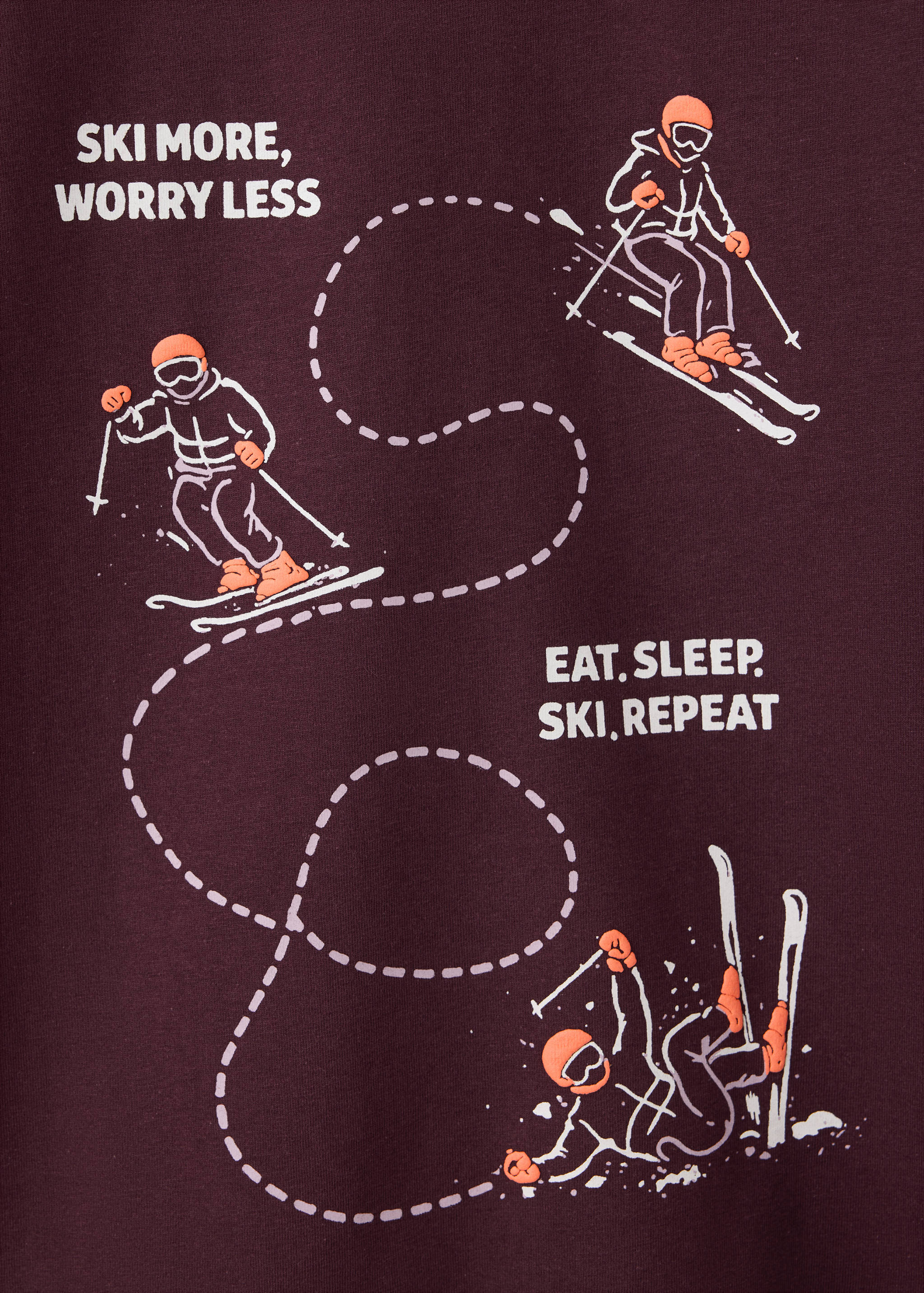 Burgundy t-shirt fabric detail with a ski graphic and text.