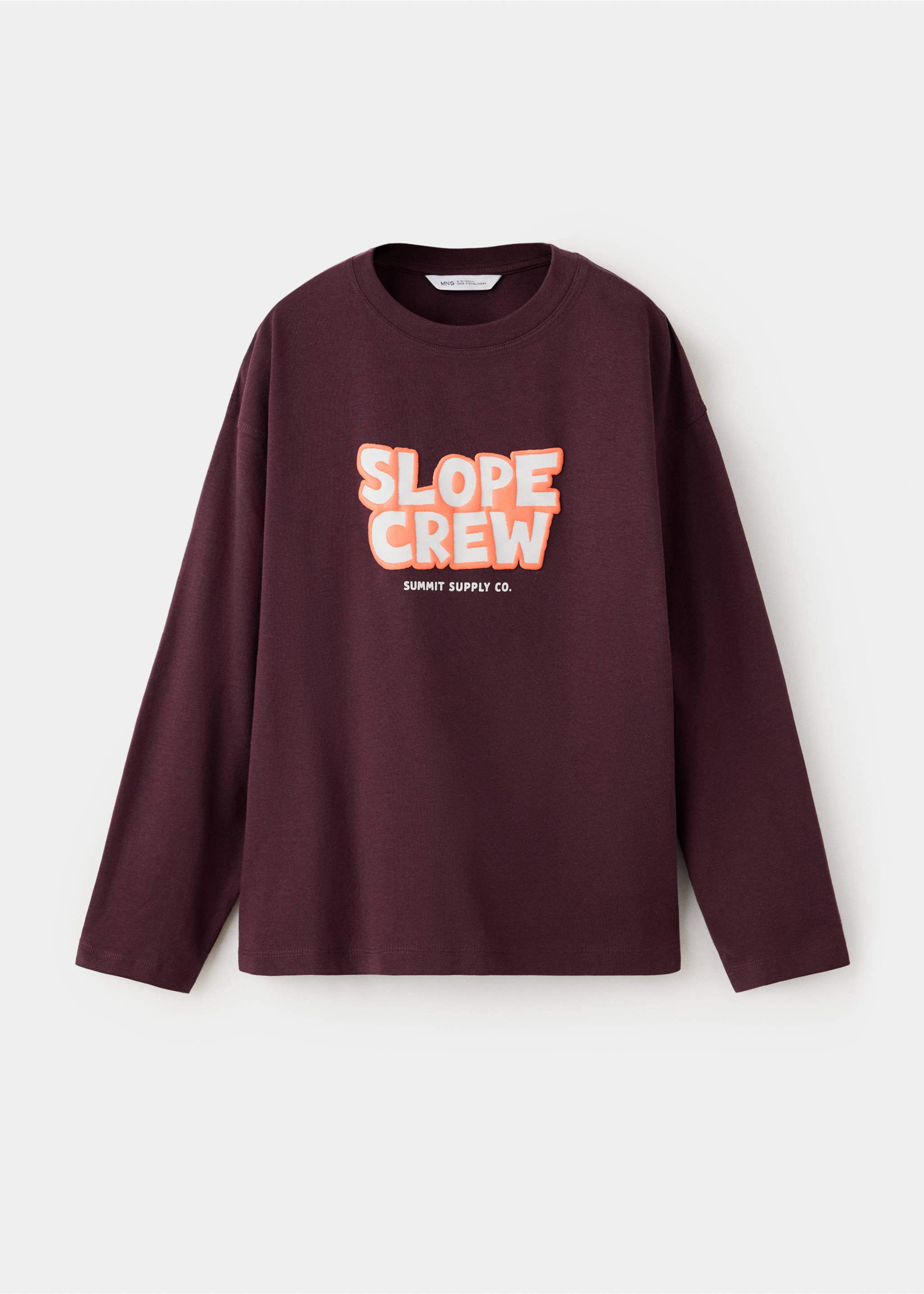 Burgundy long-sleeved t-shirt with a round neck and a raised "Slope Crew" graphic on the chest., Burgundy. Ref: 37027131-00.
