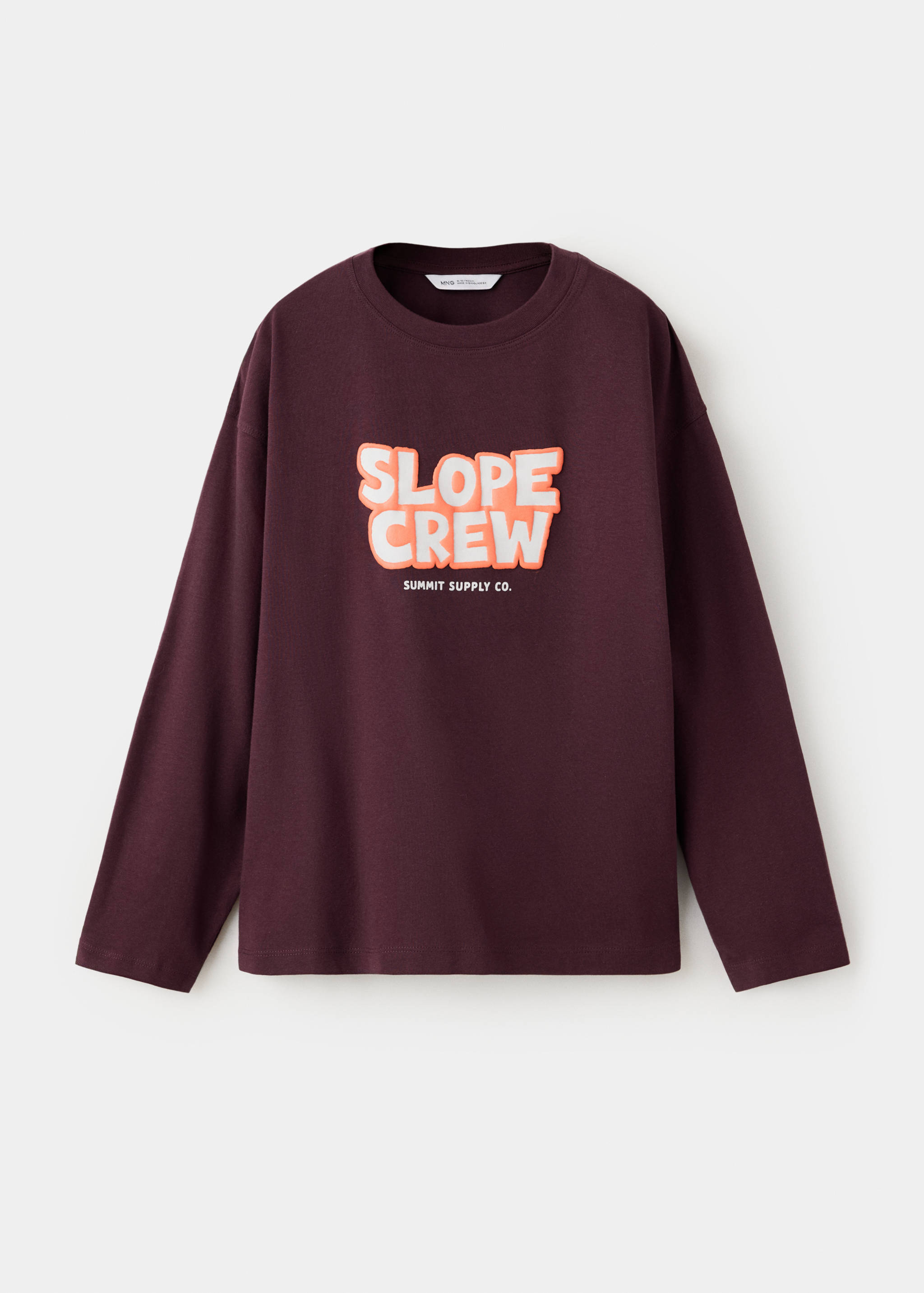Burgundy long-sleeved t-shirt with a round neck and a raised "Slope Crew" graphic on the chest.